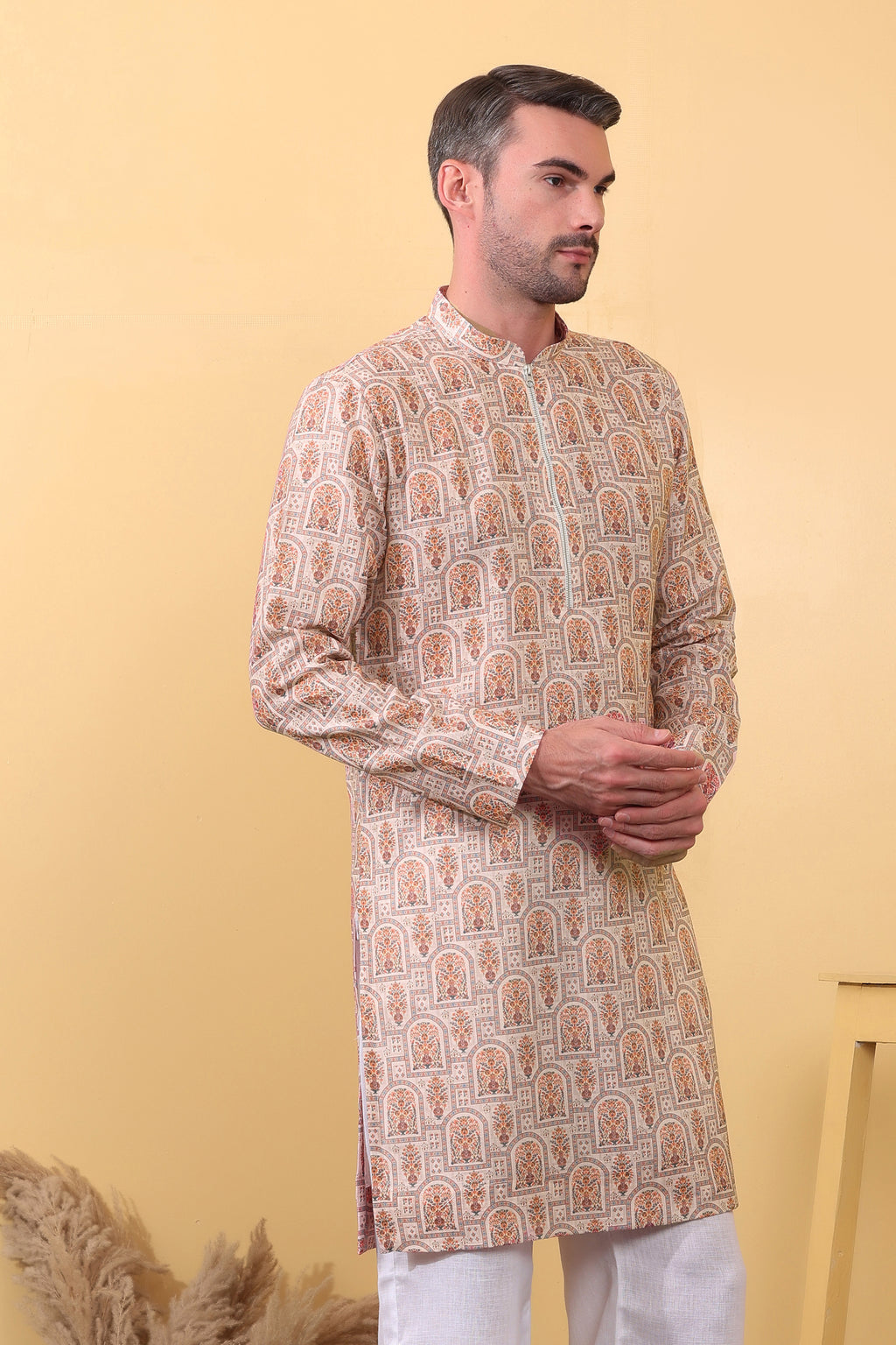 Ethnic Kurta for Men India - Beige Floral Print Khadi Kurta