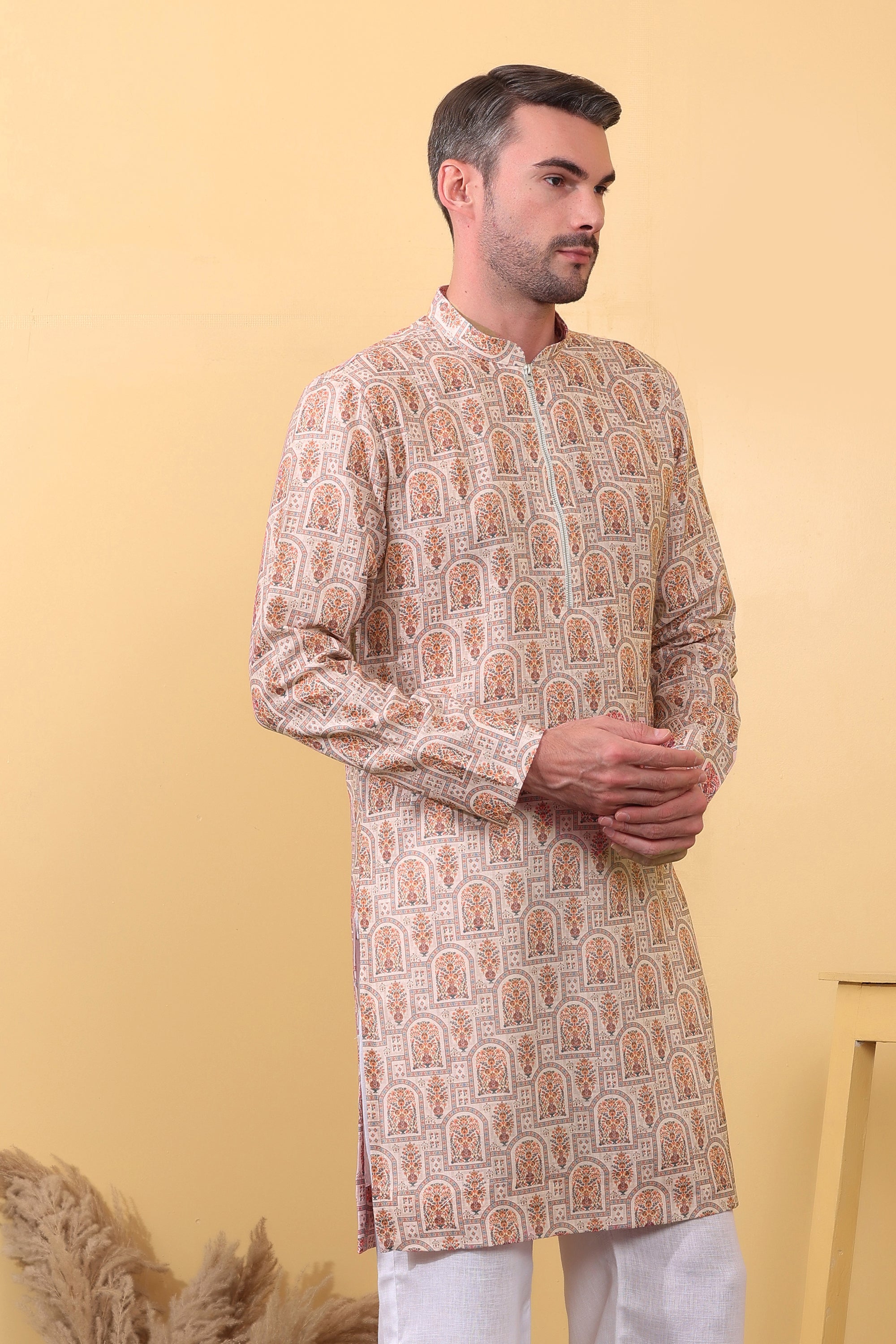 Ethnic Kurta for Men India - Beige Floral Print Khadi Kurta