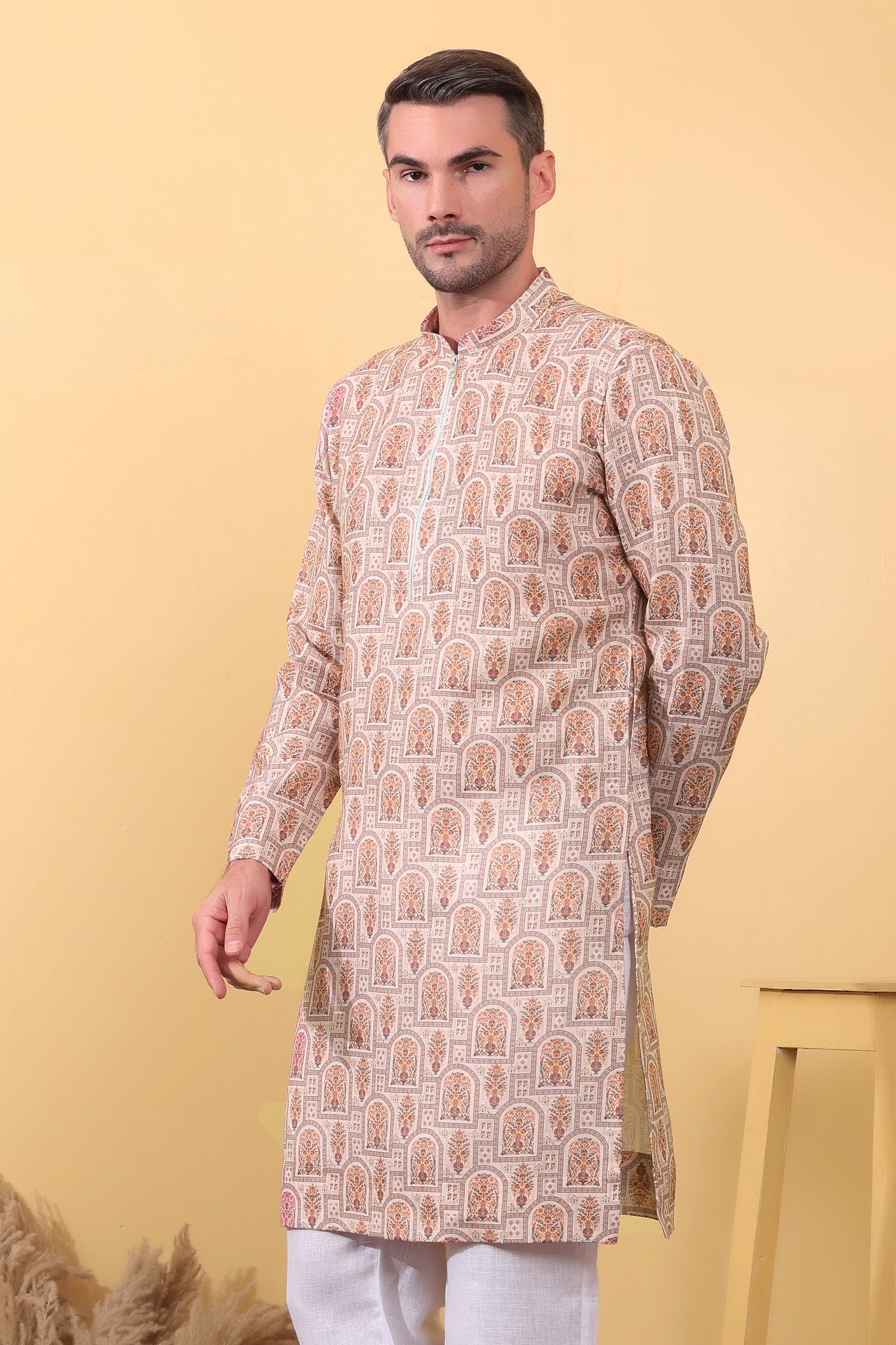 Men's Ethnic Khadi Linen Kurta - Riwaayat Beige Printed Kurta by Khadidhaga