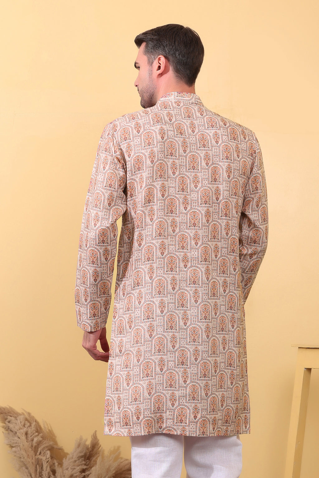 Printed Khadi Linen Kurta for Men - Arched Floral Motif Ethnic Wear