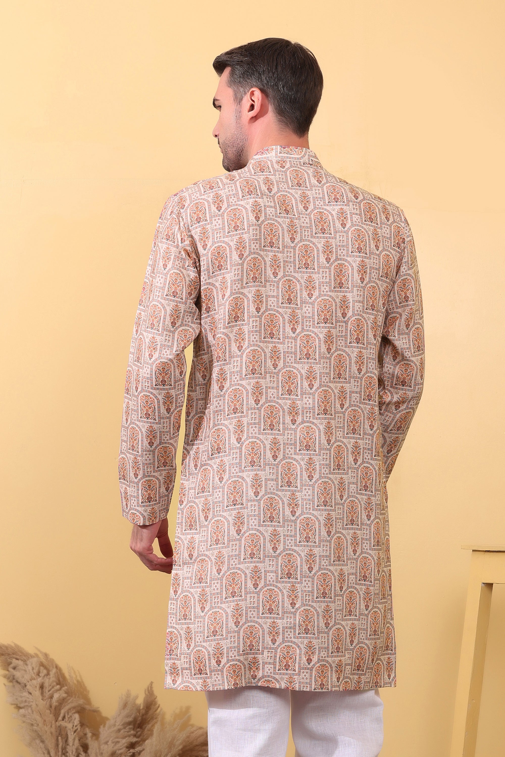 Printed Khadi Linen Kurta for Men - Arched Floral Motif Ethnic Wear