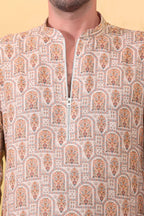 Men's Indian Ethnic Kurta - Beige Khadi Linen Printed Kurta
