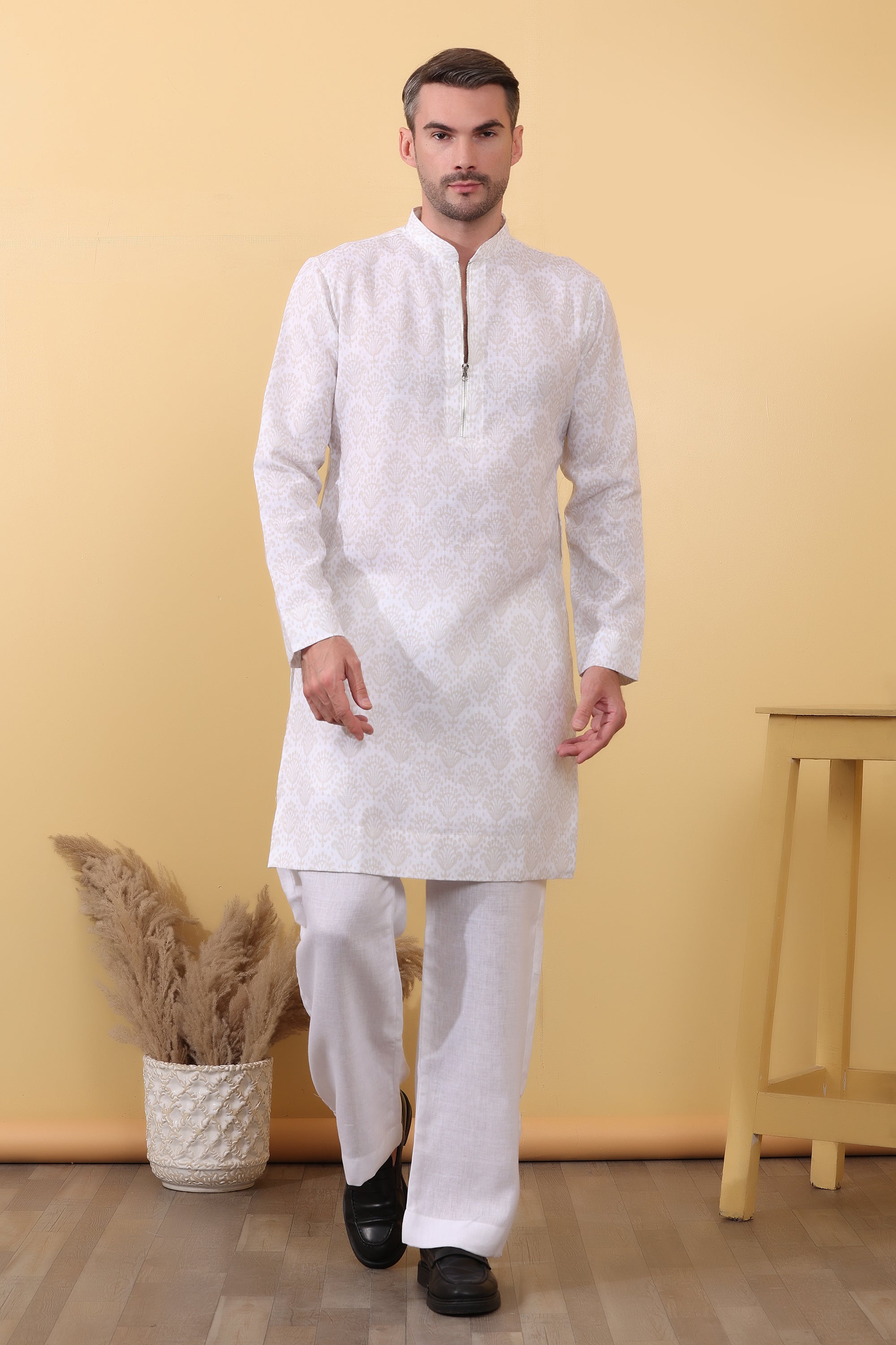 Ruhani Ivory Kurta - Printed Khadi-Linen Kurta | Kurtaloom