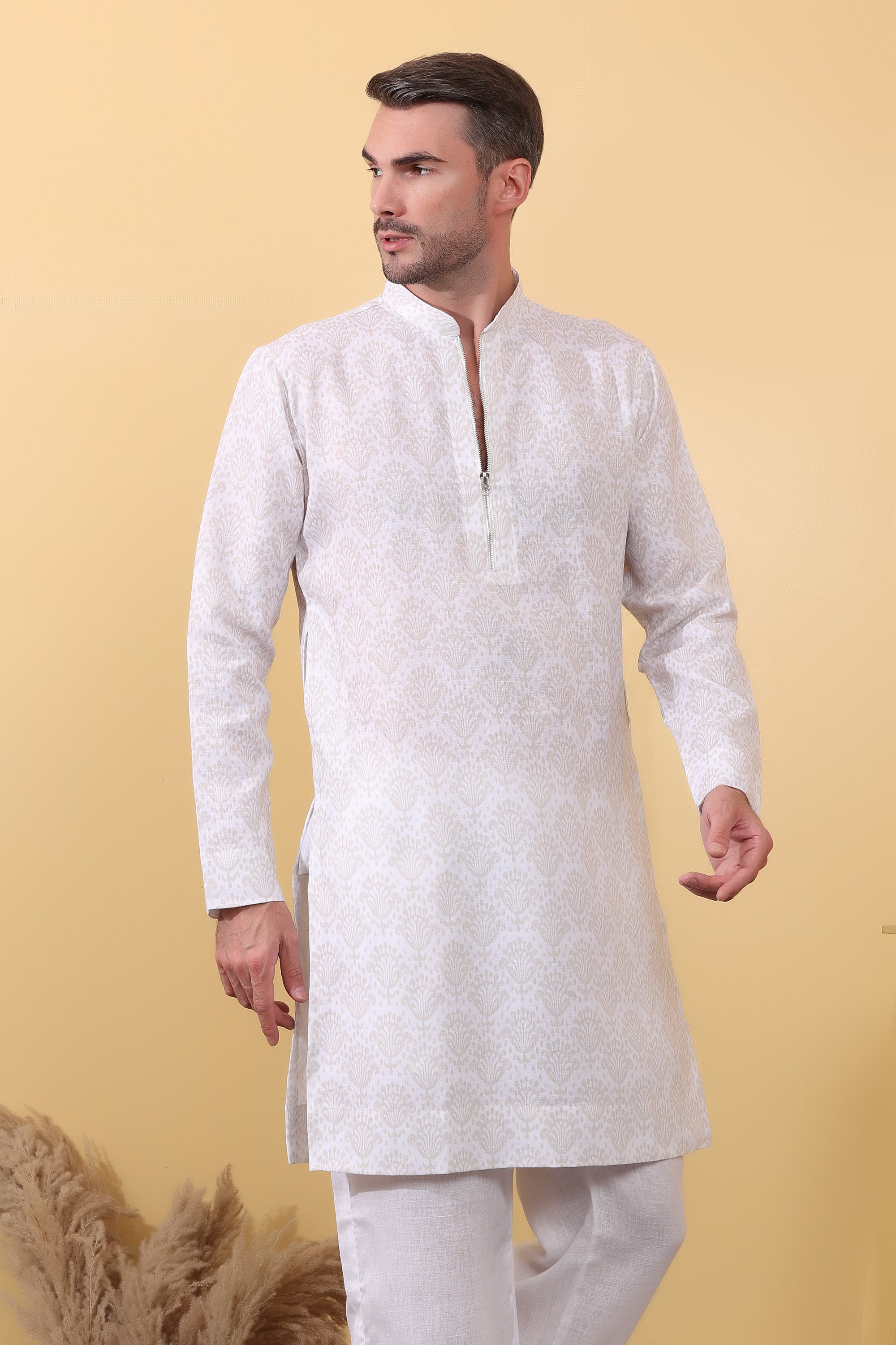 Ruhani Ivory Kurta - Printed Khadi-Linen Kurta | Kurtaloom