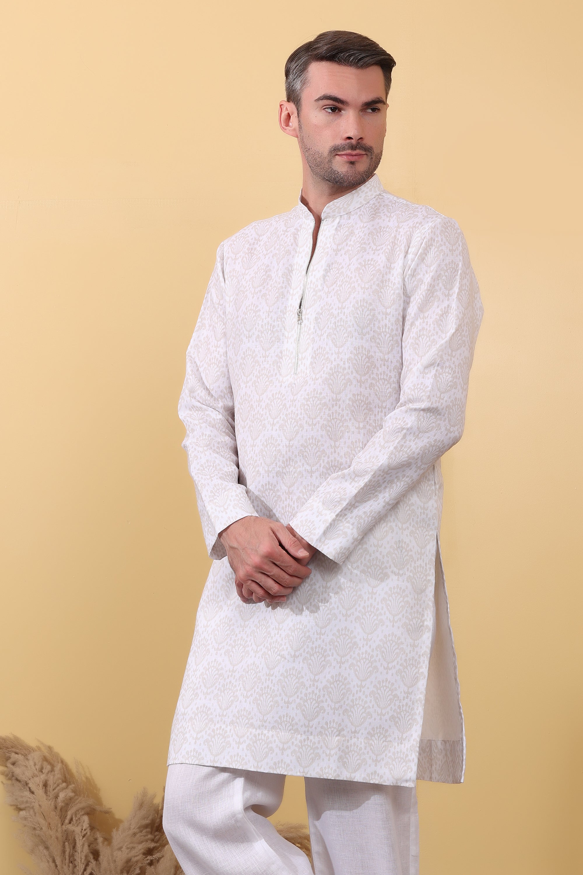 Ruhani Ivory Kurta - Printed Khadi-Linen Kurta | Kurtaloom