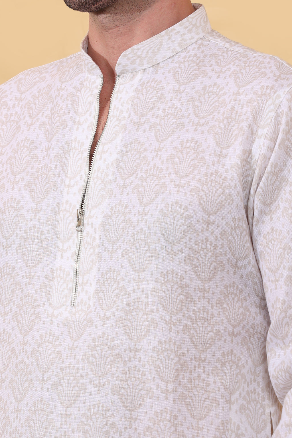 Ruhani Ivory Kurta - Printed Khadi-Linen Kurta | Kurtaloom
