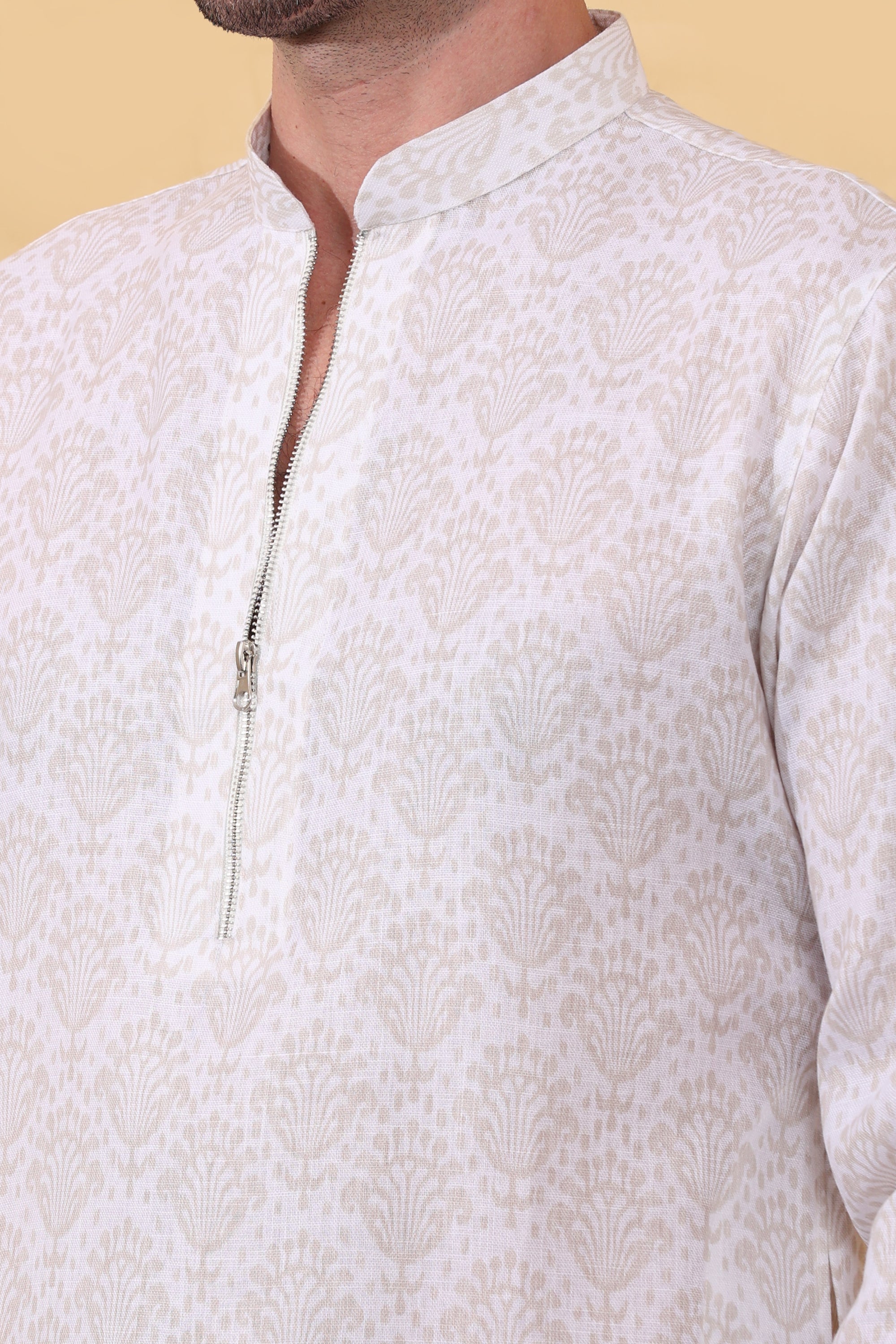 Ruhani Ivory Kurta - Printed Khadi-Linen Kurta | Kurtaloom
