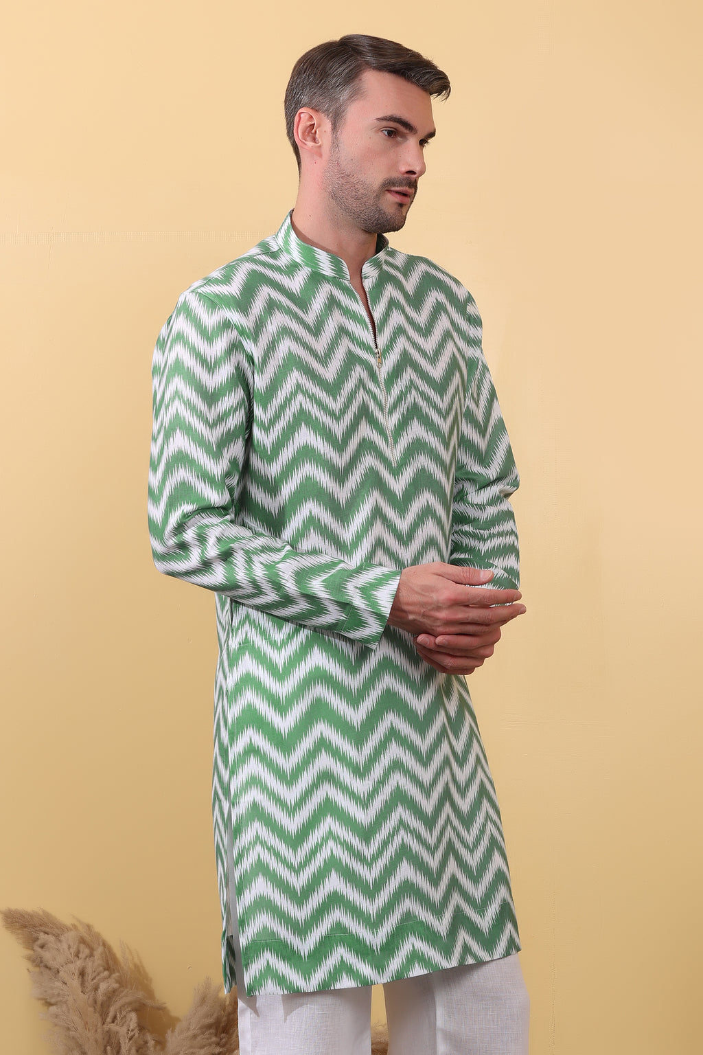 Hara Mijaaz - Ikat Print Kurta For Men | Khadi Linen | Buy Ethnic Kurta Online India | Kurtaloom