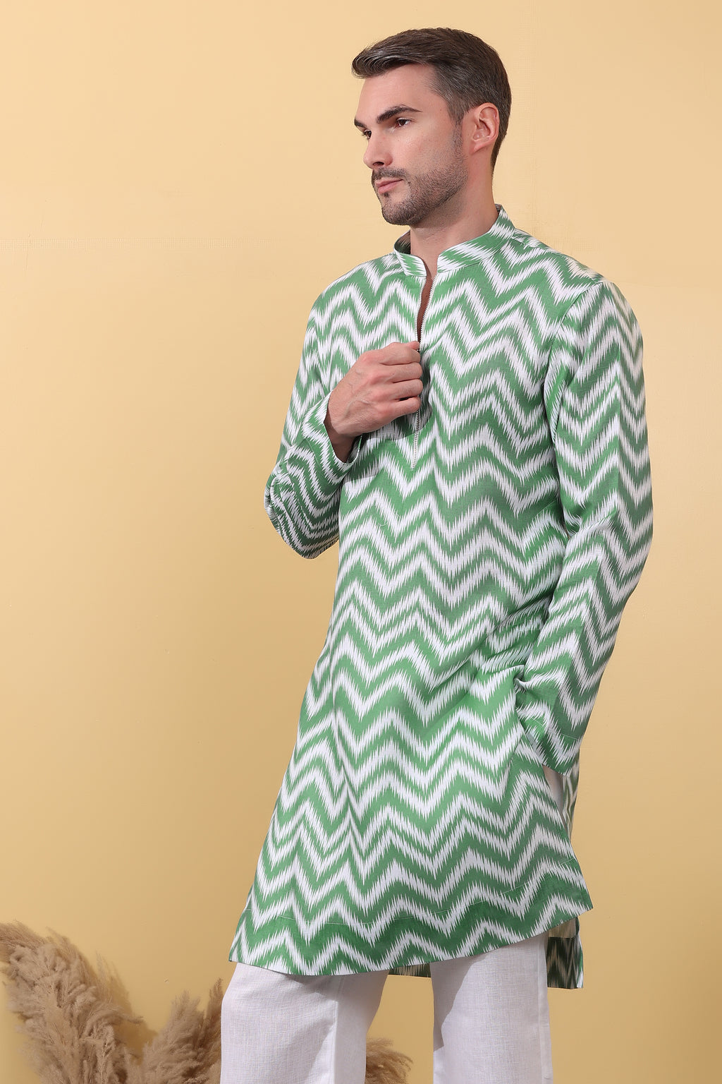Hara Mijaaz - Ikat Print Kurta For Men | Khadi Linen | Buy Ethnic Kurta Online India | Kurtaloom