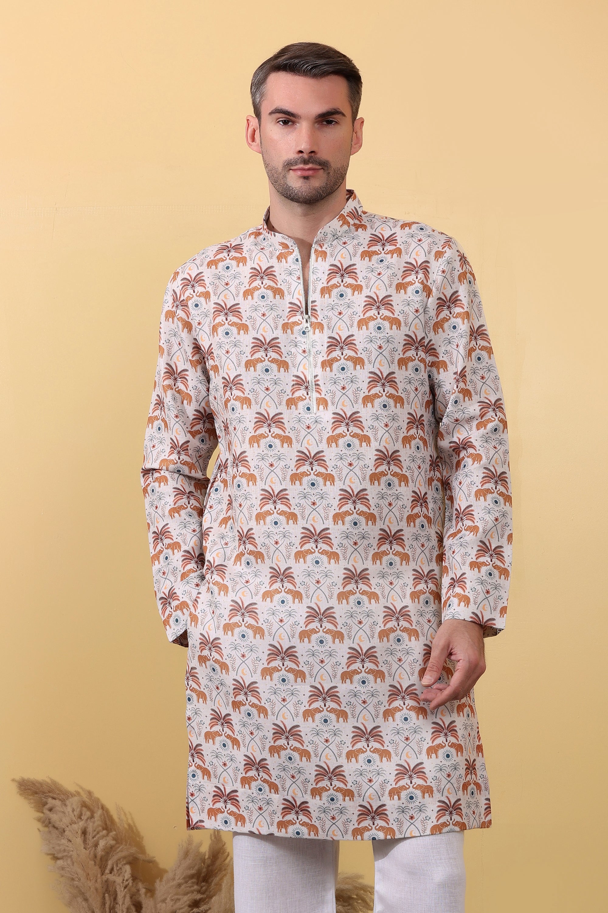 Ivory Caravan - Premium Linen Blend Safari Print Kurta for Men