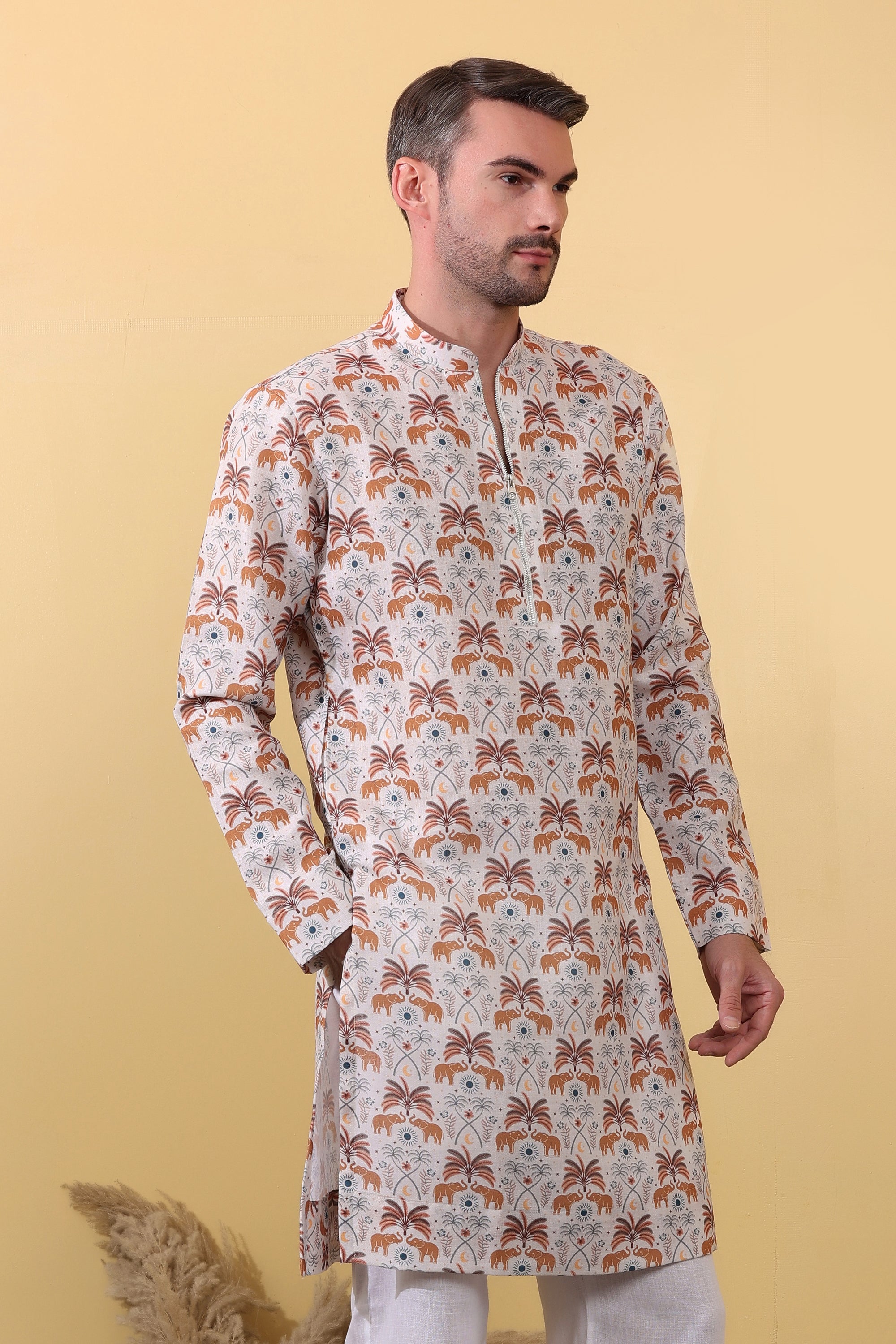 Ivory Caravan - Premium Linen Blend Safari Print Kurta for Men