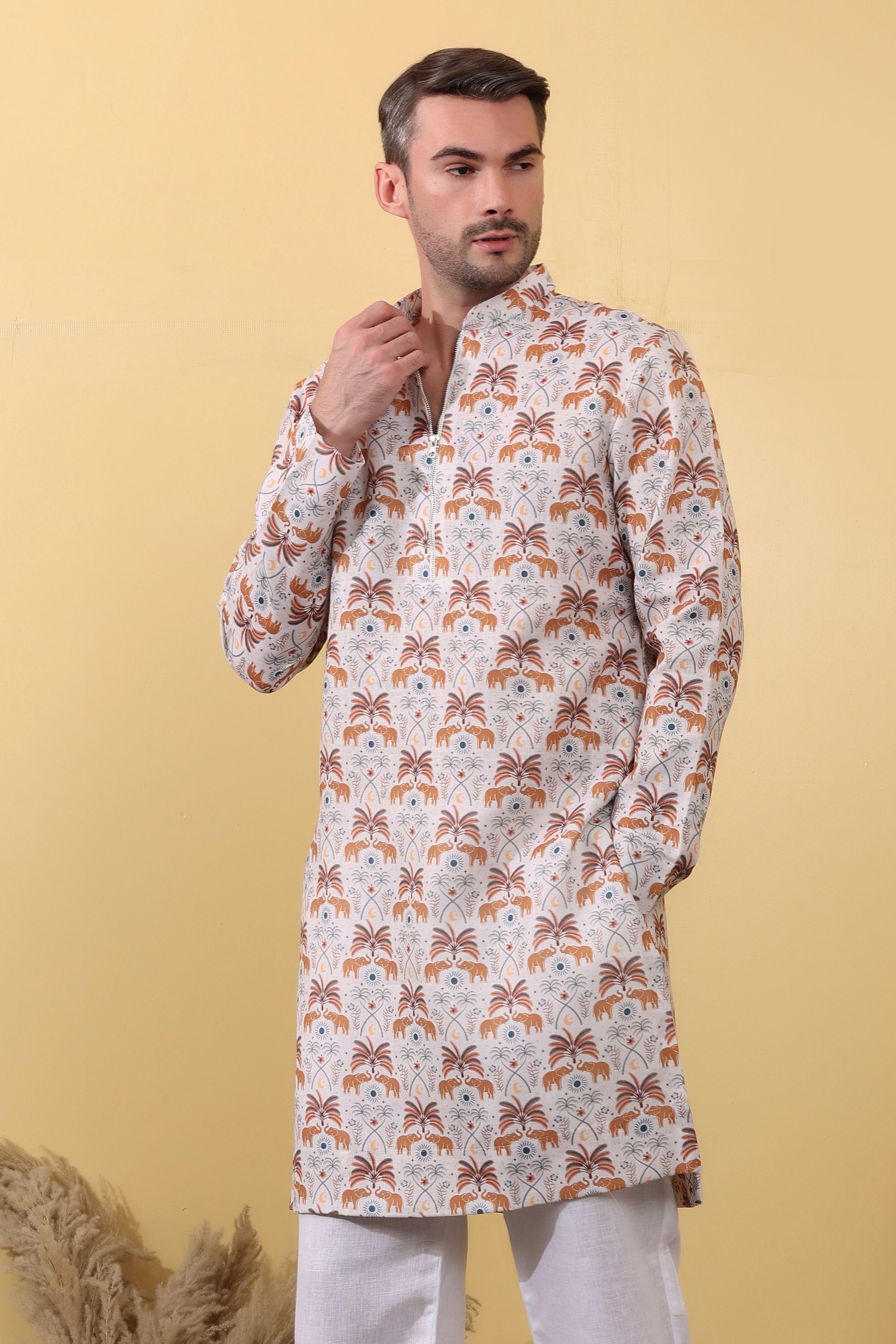 Ivory Caravan - Premium Linen Blend Safari Print Kurta for Men
