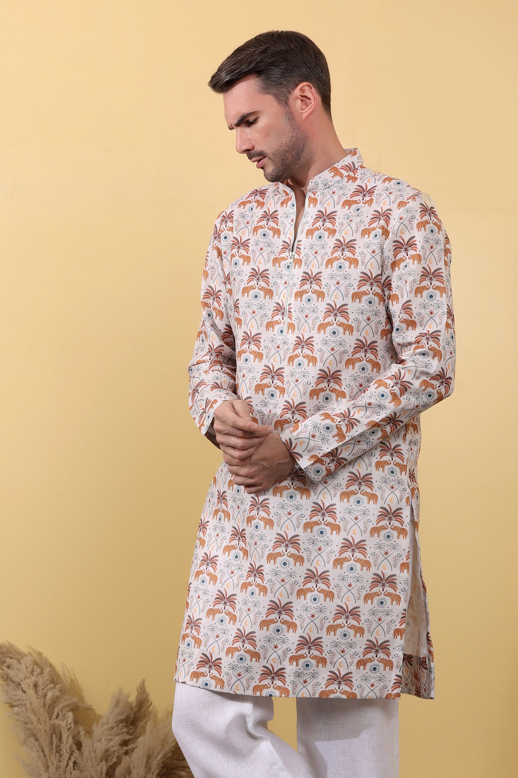 Ivory Caravan - Premium Linen Blend Safari Print Kurta for Men