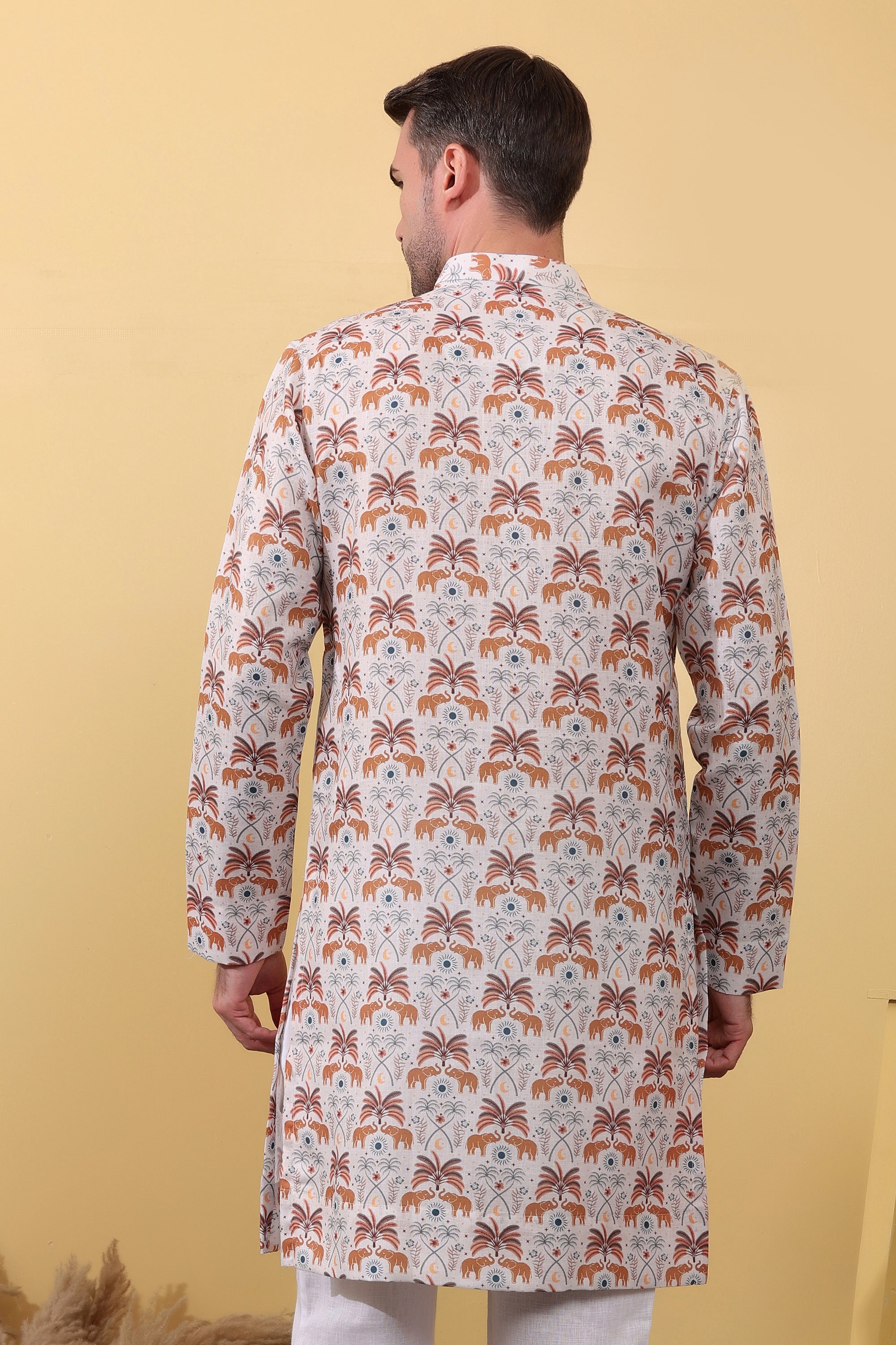 Ivory Caravan - Premium Linen Blend Safari Print Kurta for Men