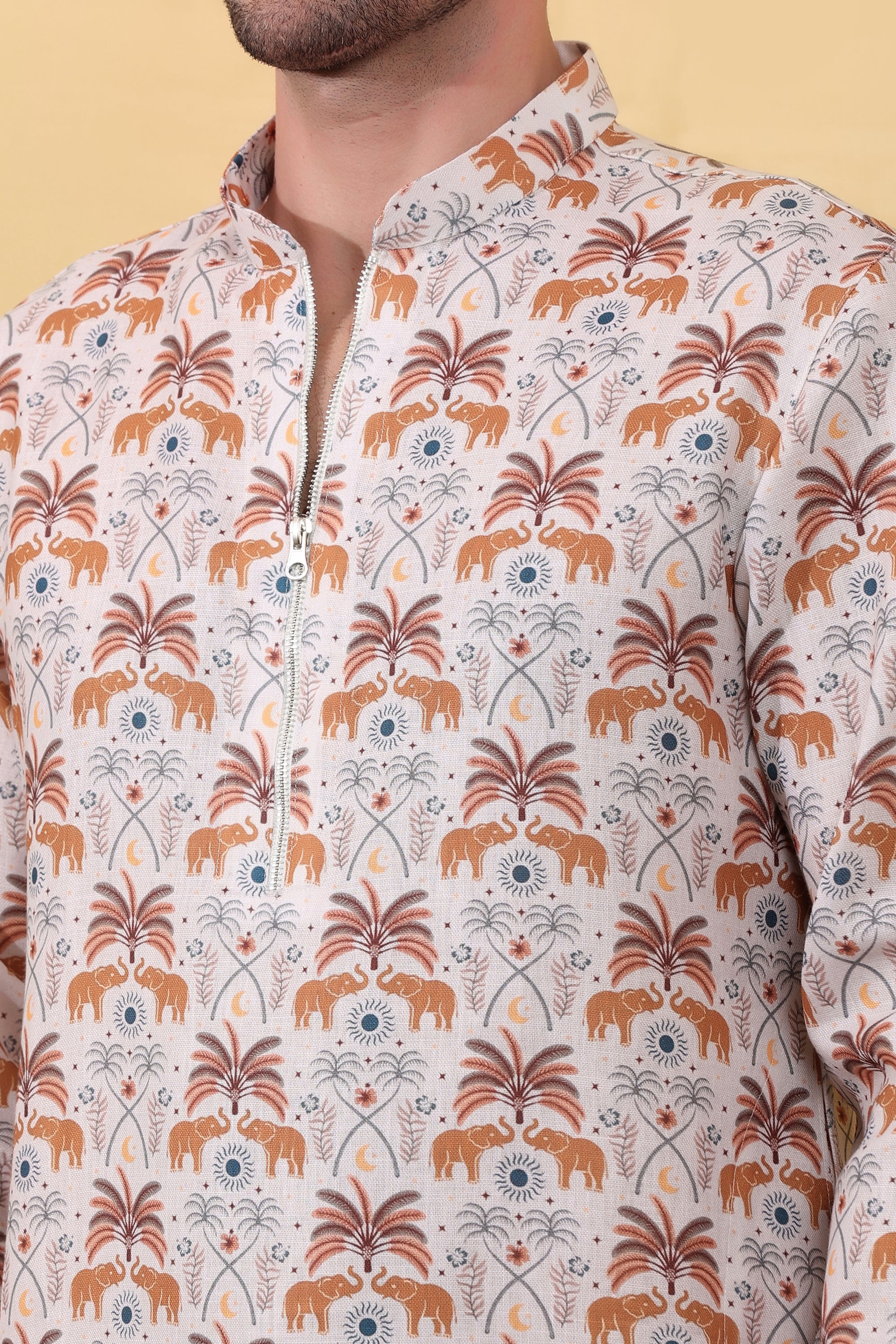 Ivory Caravan - Premium Linen Blend Safari Print Kurta for Men