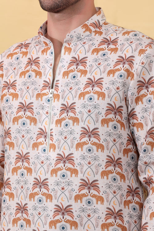 Ivory Caravan - Premium Linen Blend Safari Print Kurta for Men