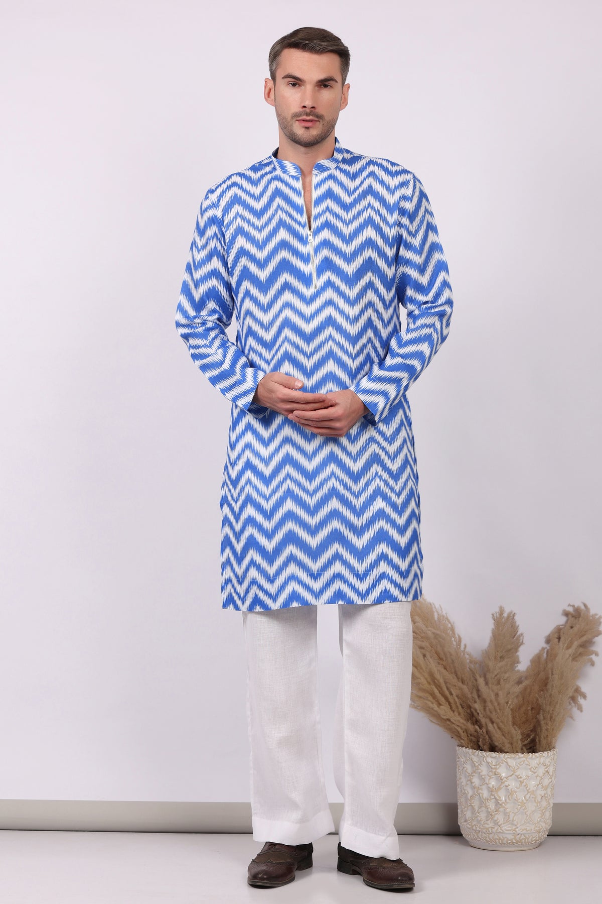 Neelkar -Ikat Print Kurta For Men | Khadi Linen | Buy Ethnic Kurta Online India | Kurtaloom