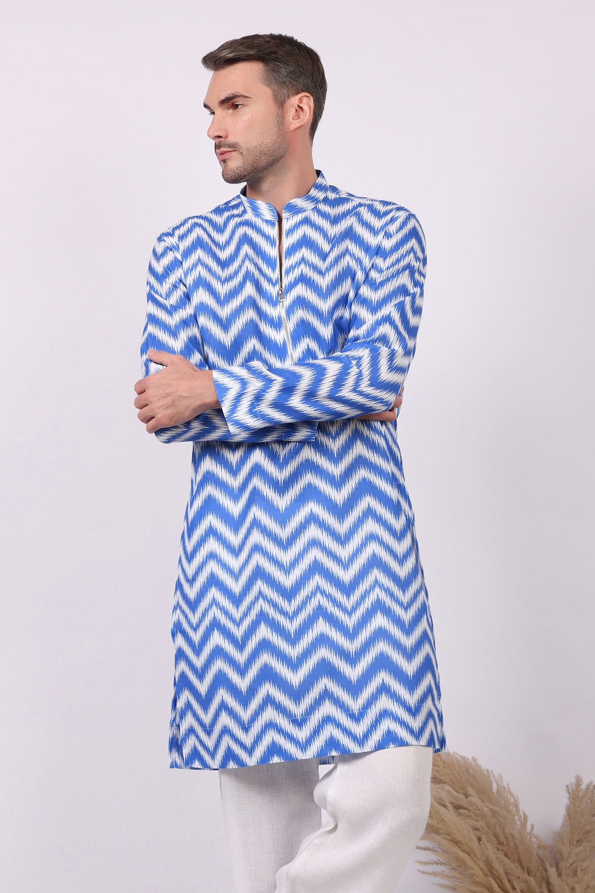 Neelkar -Ikat Print Kurta For Men | Khadi Linen | Buy Ethnic Kurta Online India | Kurtaloom