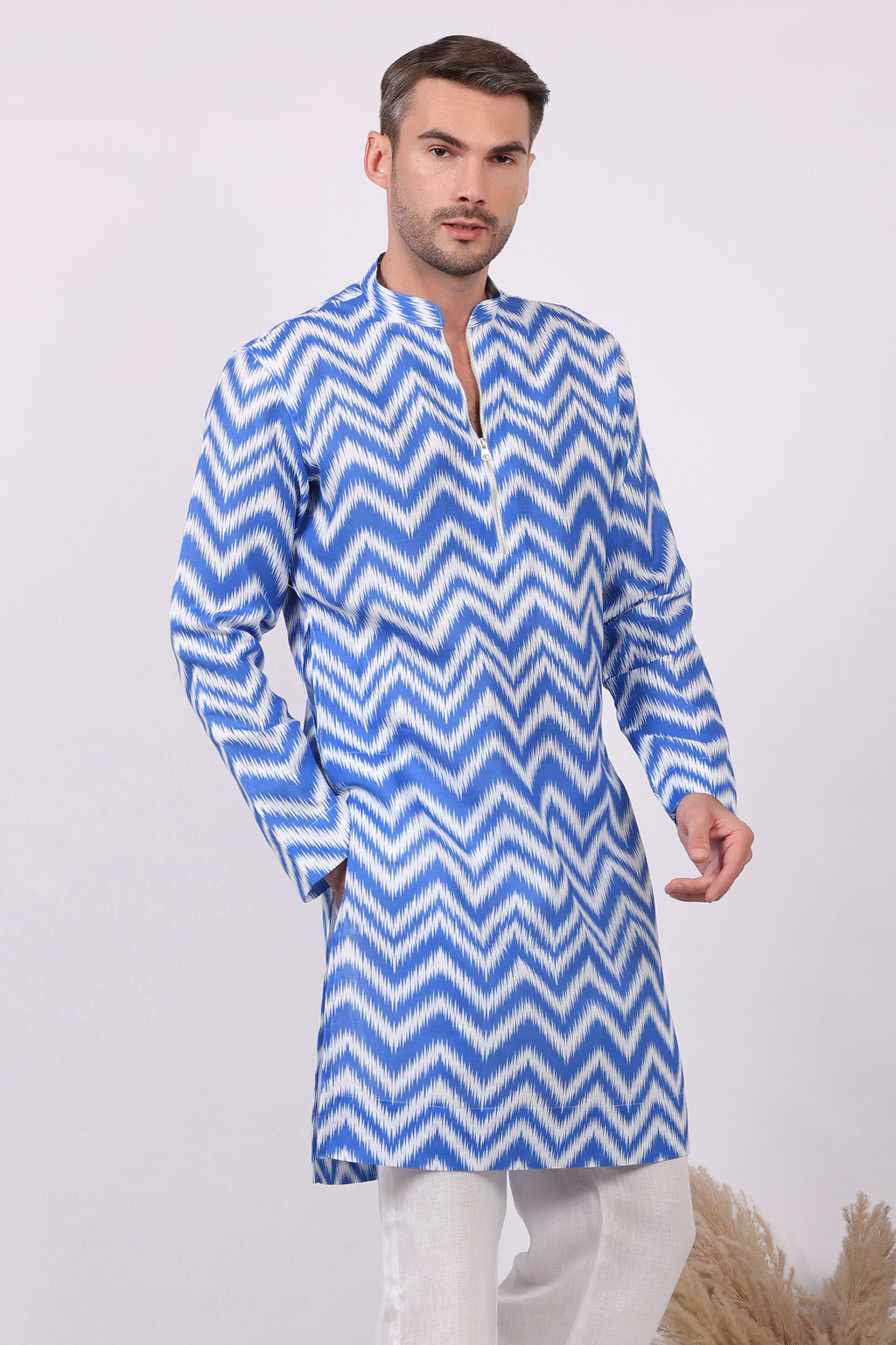 Neelkar -Ikat Print Kurta For Men | Khadi Linen | Buy Ethnic Kurta Online India | Kurtaloom