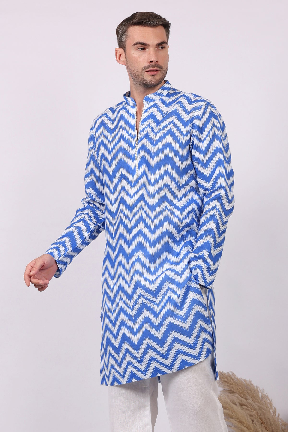 Neelkar -Ikat Print Kurta For Men | Khadi Linen | Buy Ethnic Kurta Online India | Kurtaloom