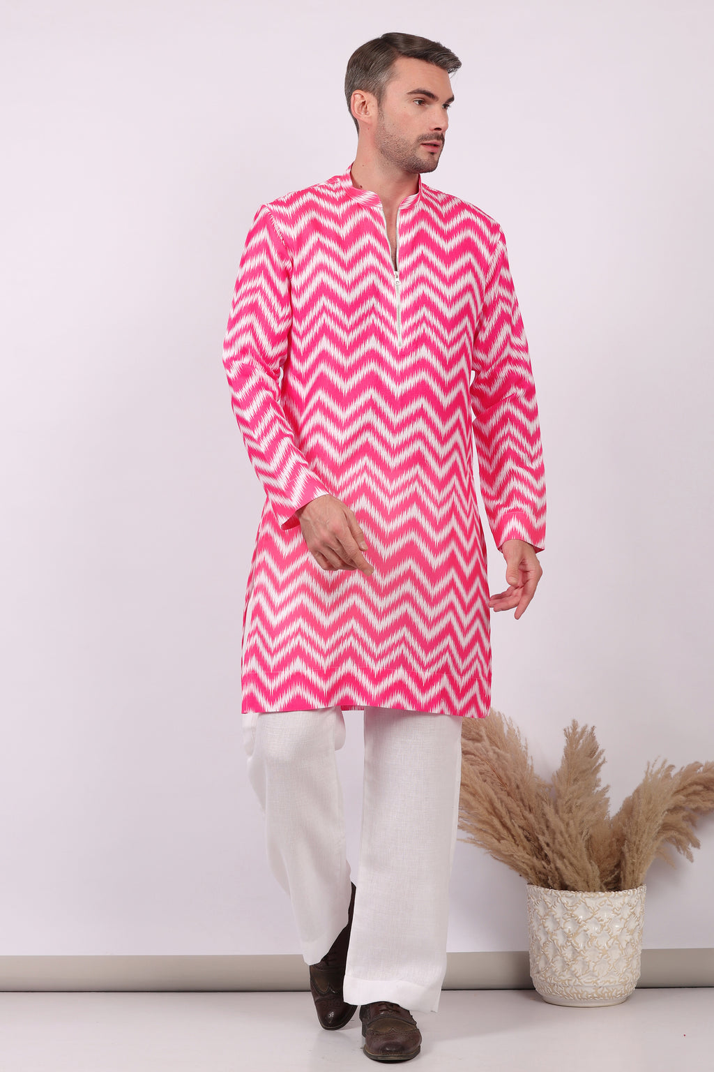 Gulabi Jalwa - Ikat Print Kurta For Men | Khadi Linen | Buy Ethnic Kurta Online India | Kurtaloom