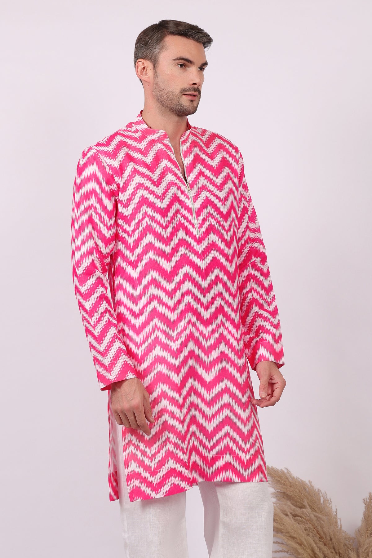 Gulabi Jalwa - Ikat Print Kurta For Men | Khadi Linen | Buy Ethnic Kurta Online India | Kurtaloom