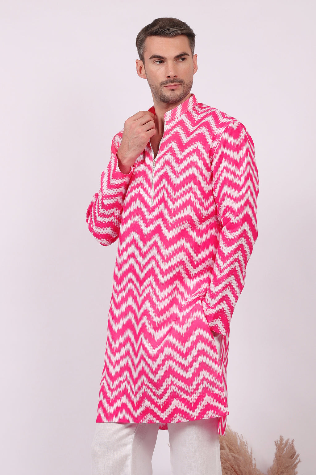 Gulabi Jalwa - Ikat Print Kurta For Men | Khadi Linen | Buy Ethnic Kurta Online India | Kurtaloom