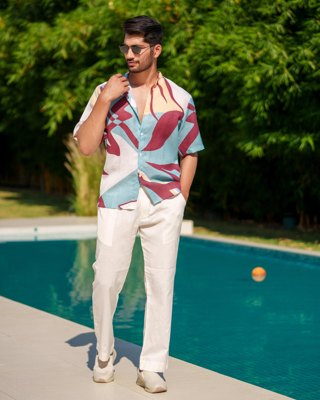Eddie - Printed Shirt in Khadi-Linen Blend Fabric