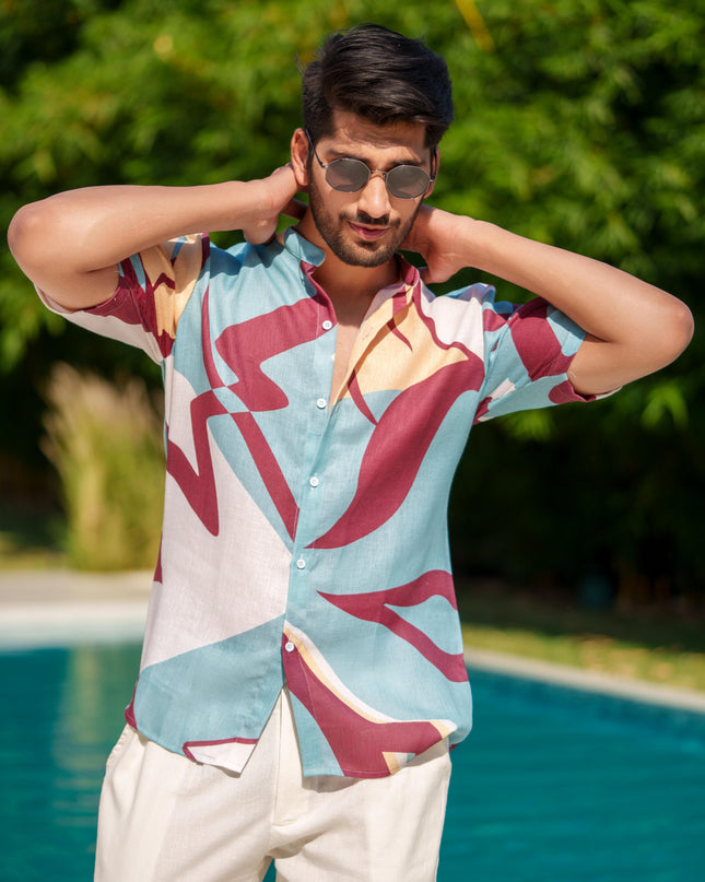 Eddie - Printed Shirt in Khadi-Linen Blend Fabric