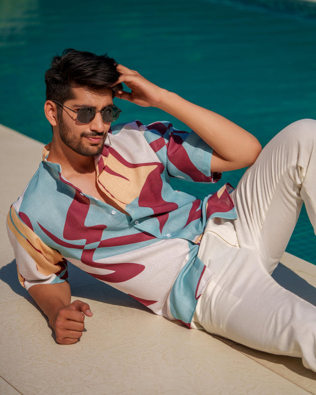Eddie - Printed Shirt in Khadi-Linen Blend Fabric