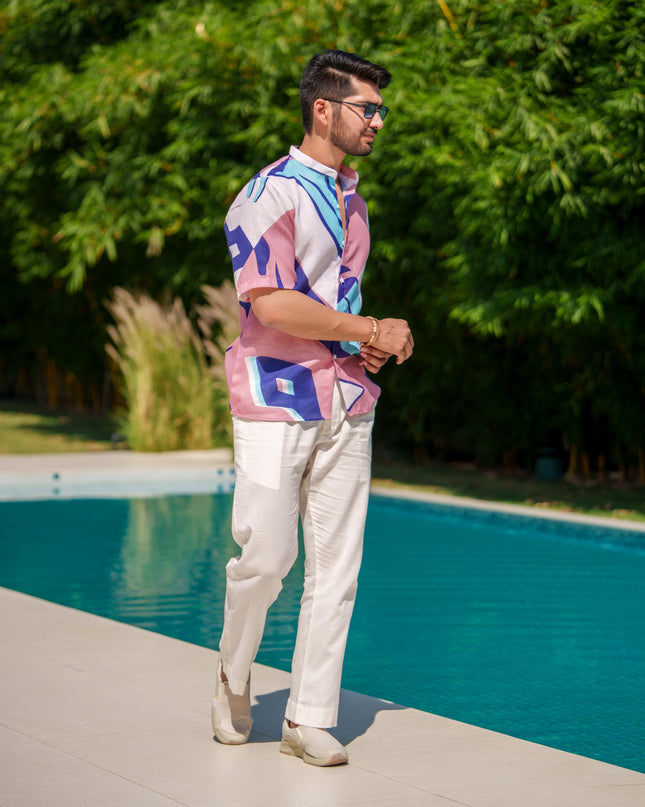 Eddie - Printed Shirt in Khadi-Linen Blend Fabric