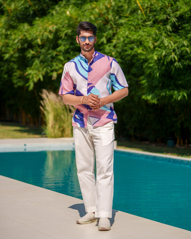 Eddie - Printed Shirt in Khadi-Linen Blend Fabric