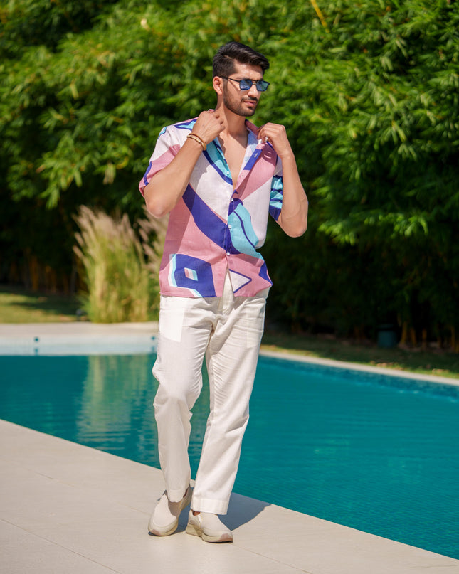 Eddie - Printed Shirt in Khadi-Linen Blend Fabric