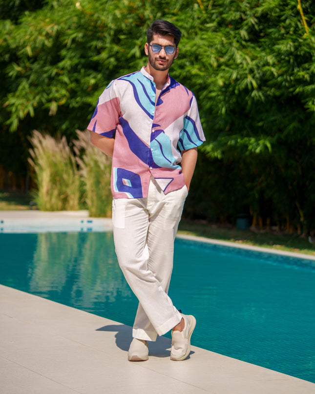 Eddie - Printed Shirt in Khadi-Linen Blend Fabric