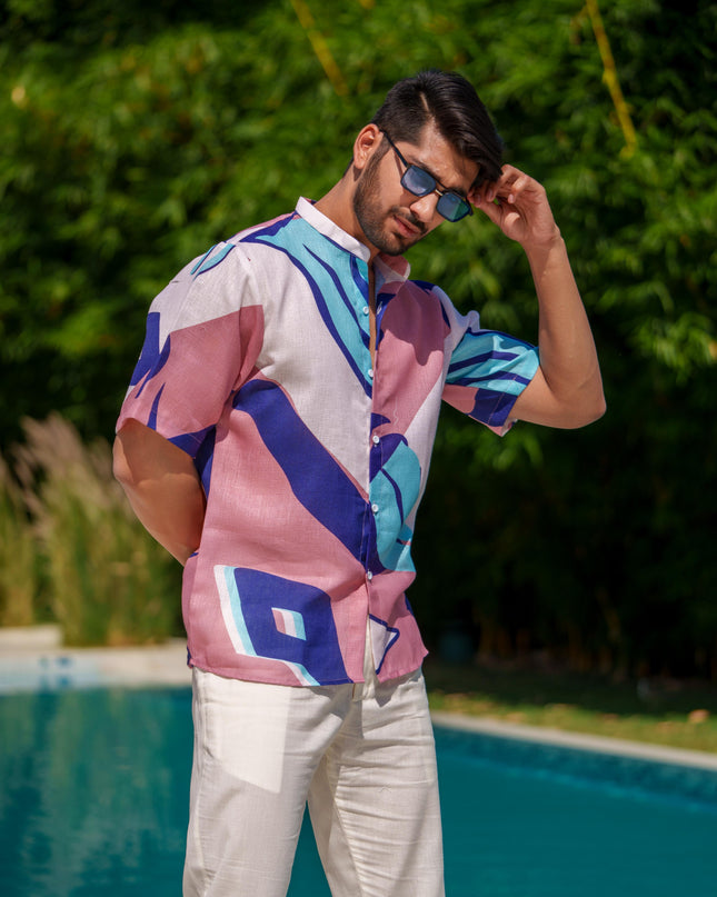 Eddie - Printed Shirt in Khadi-Linen Blend Fabric