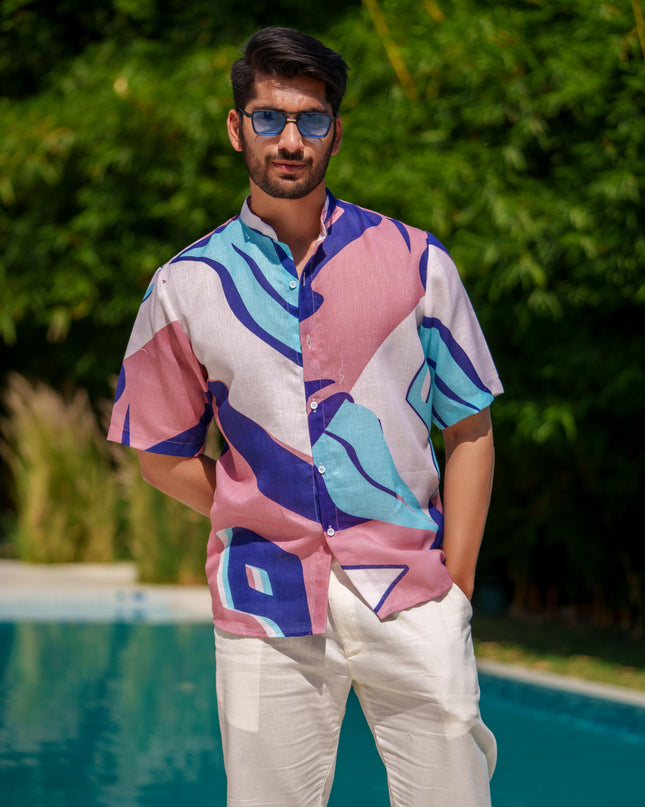 Eddie - Printed Shirt in Khadi-Linen Blend Fabric