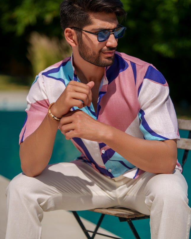 Eddie - Printed Shirt in Khadi-Linen Blend Fabric