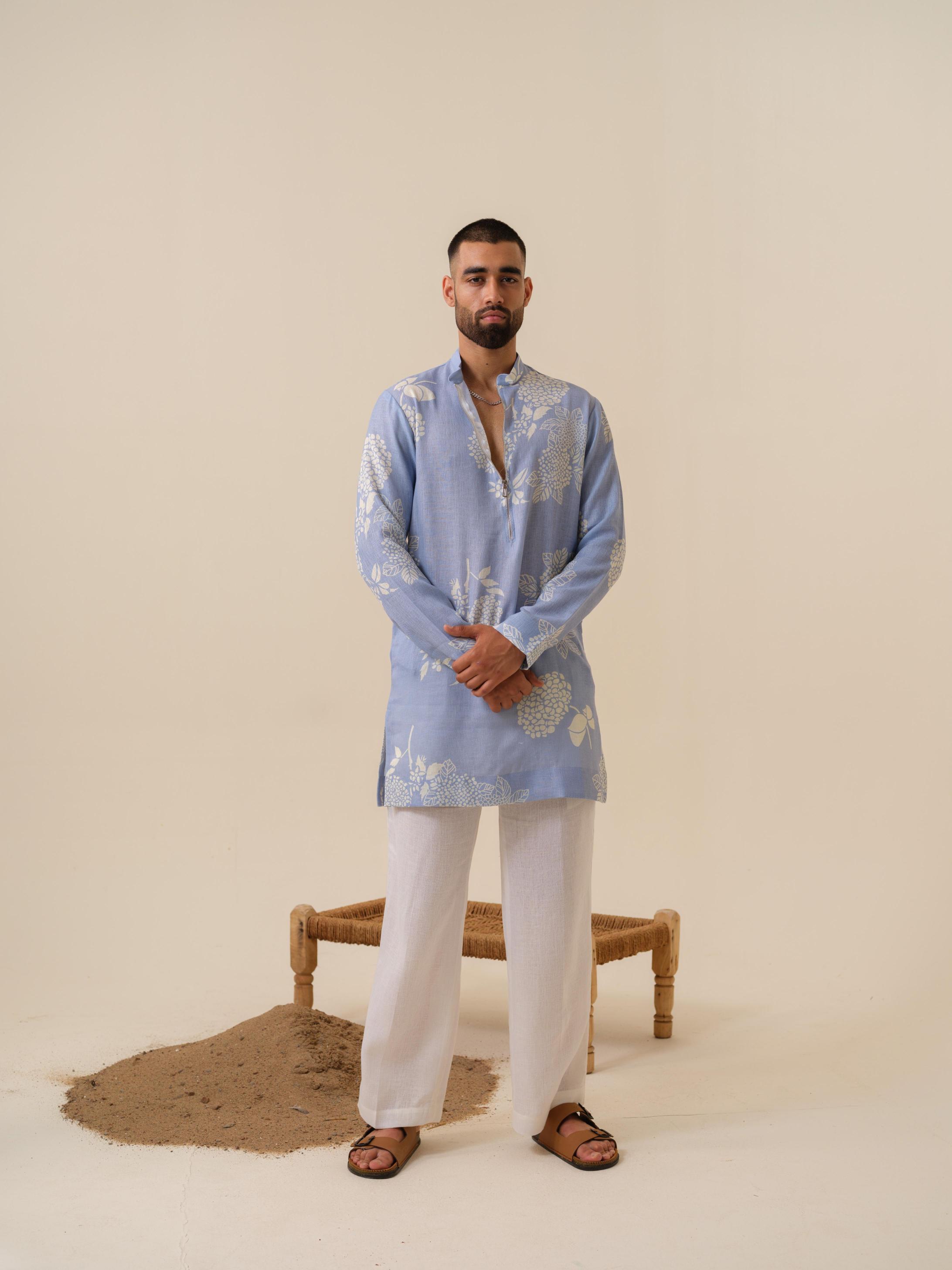 Desi Munda Blue Khadi Linen Kurta for Men - Front View | Khadidhaga