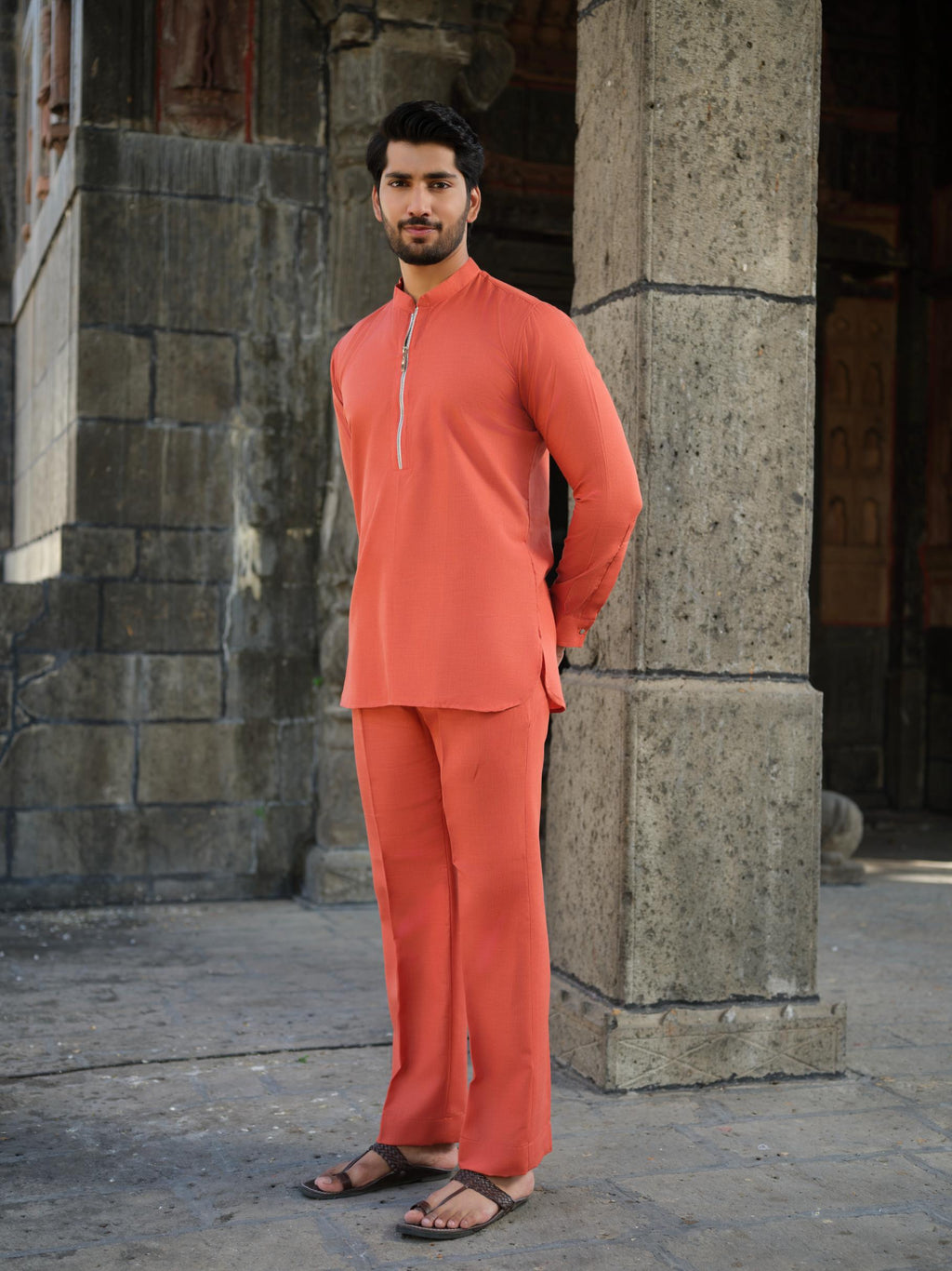 Men's Cotton-Linen Co-ord Set – Tattva Fire (Rust Orange) | Kurtaloom