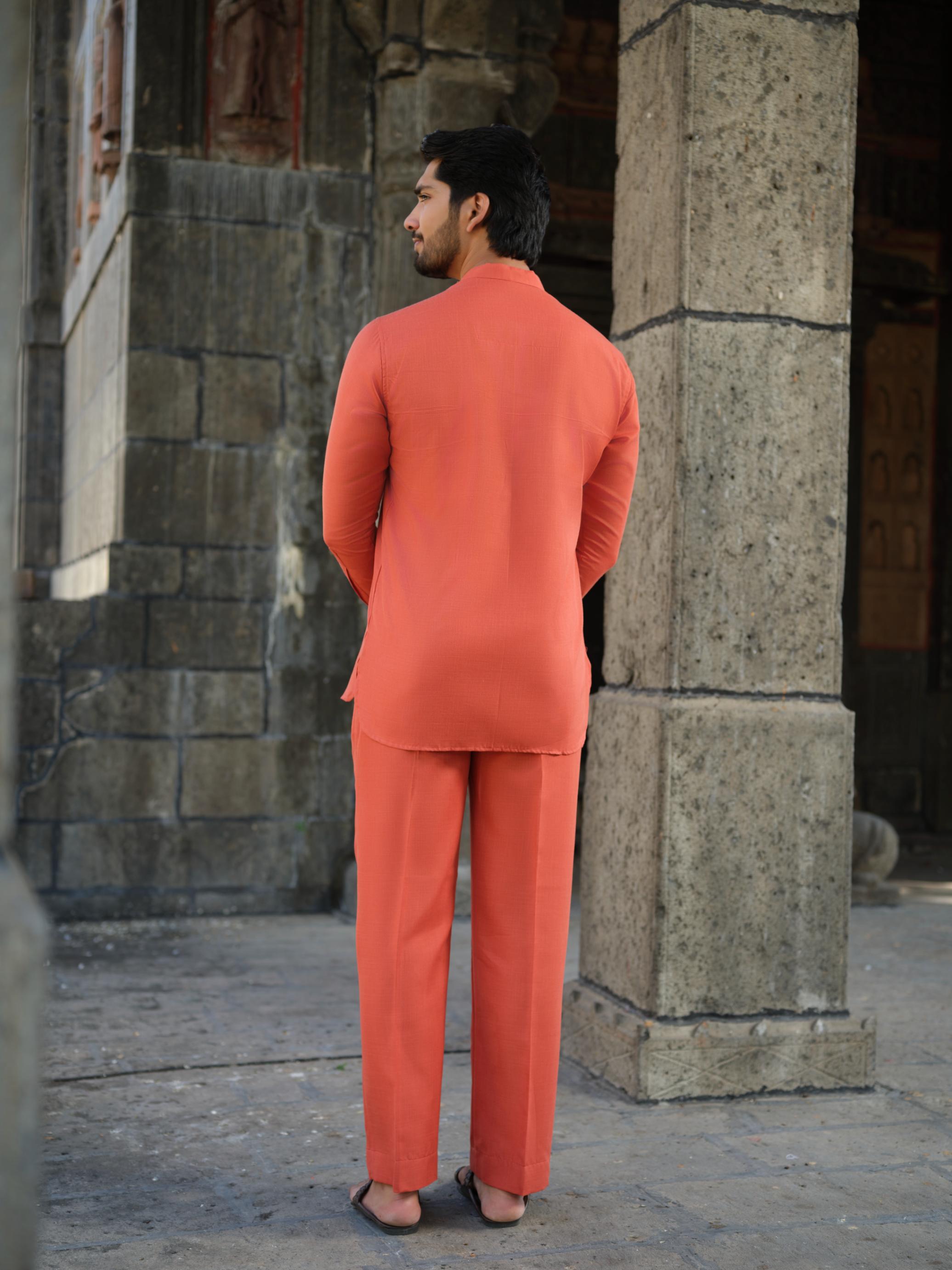 Men's Cotton-Linen Co-ord Set – Tattva Fire (Rust Orange) | Kurtaloom