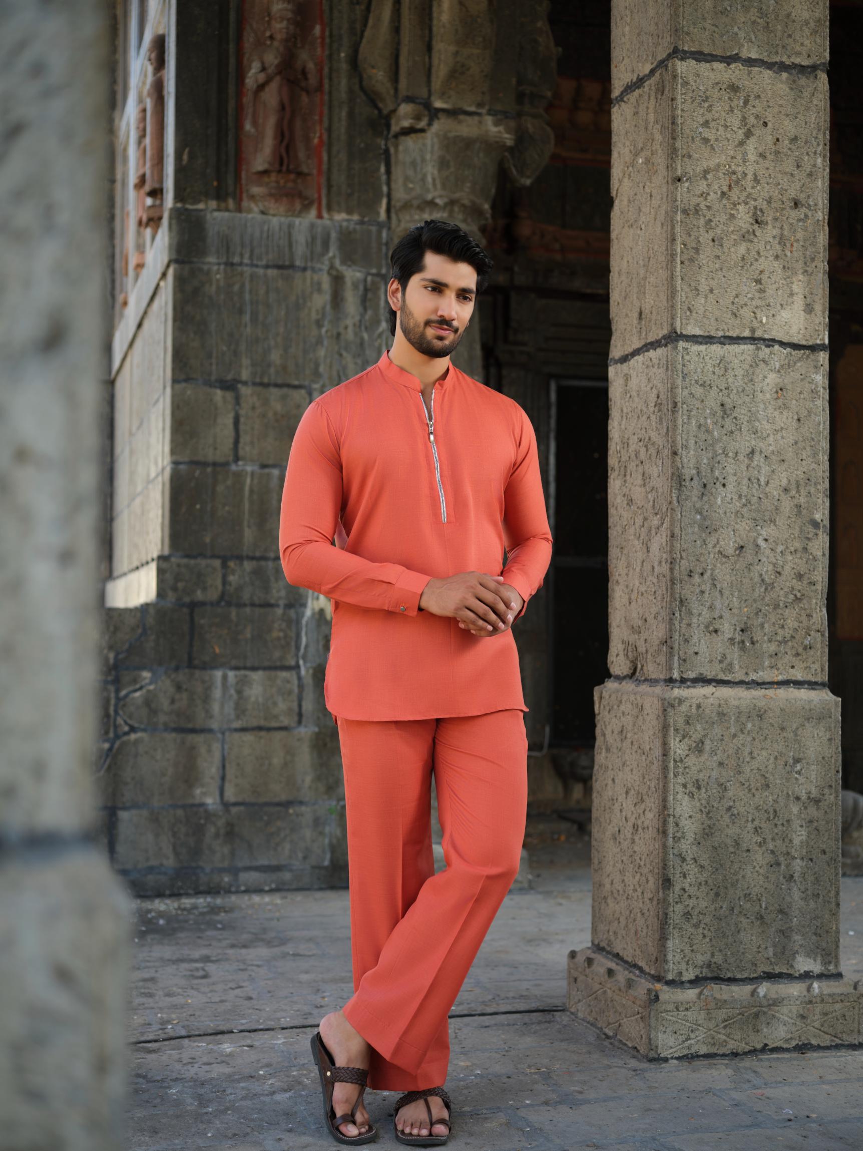 Men's Cotton-Linen Co-ord Set – Tattva Fire (Rust Orange) | Kurtaloom