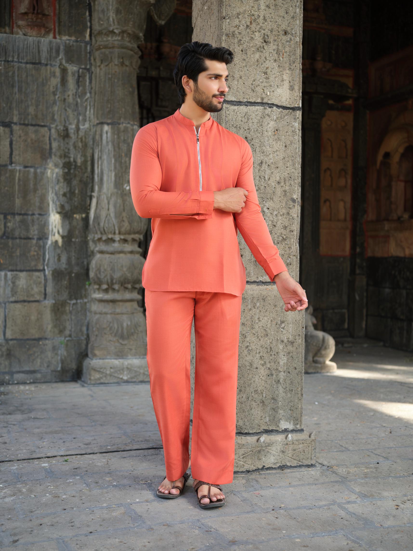 Men's Cotton-Linen Co-ord Set – Tattva Fire (Rust Orange) | Kurtaloom