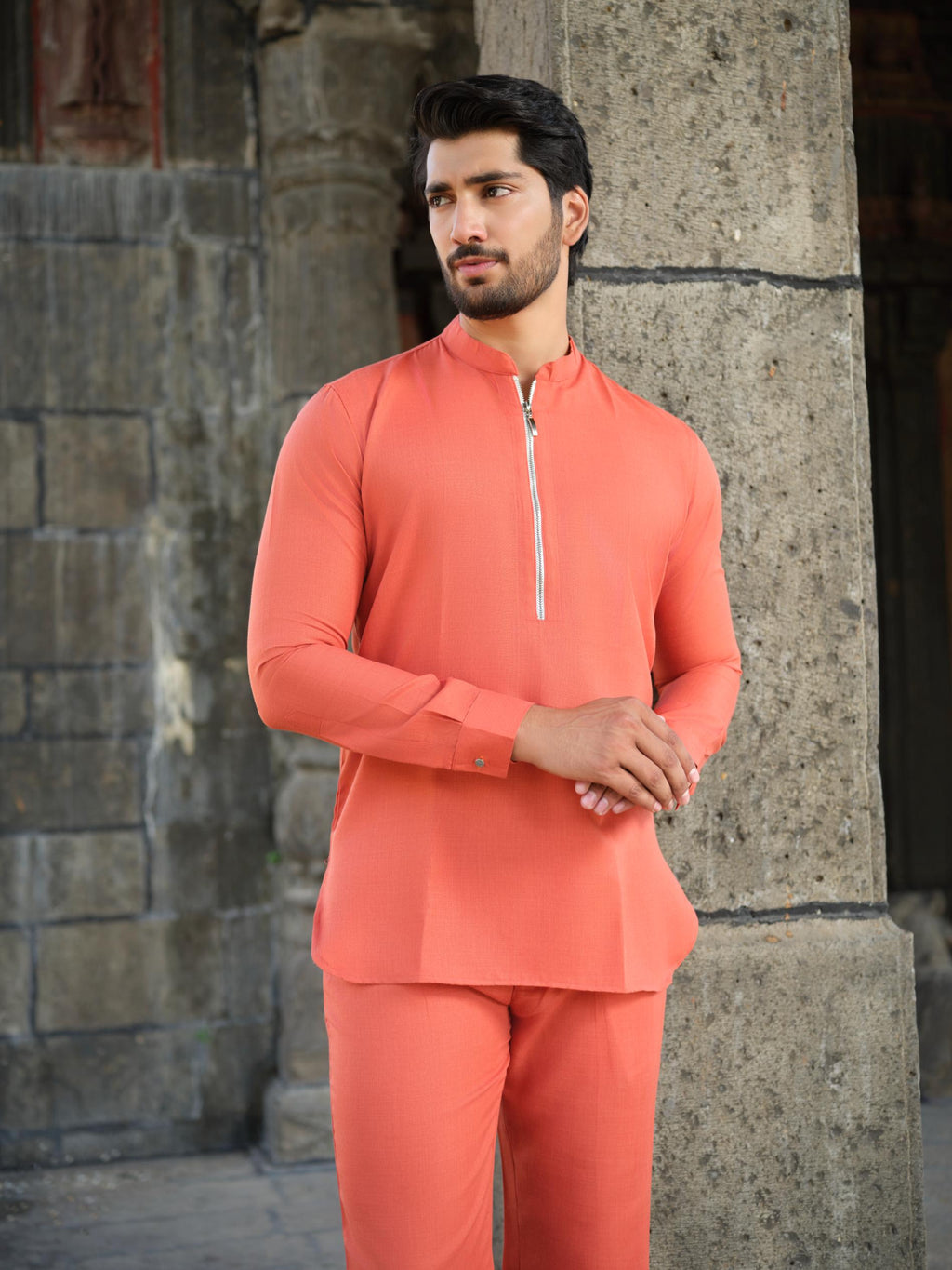 Men's Cotton-Linen Co-ord Set – Tattva Fire (Rust Orange) | Kurtaloom