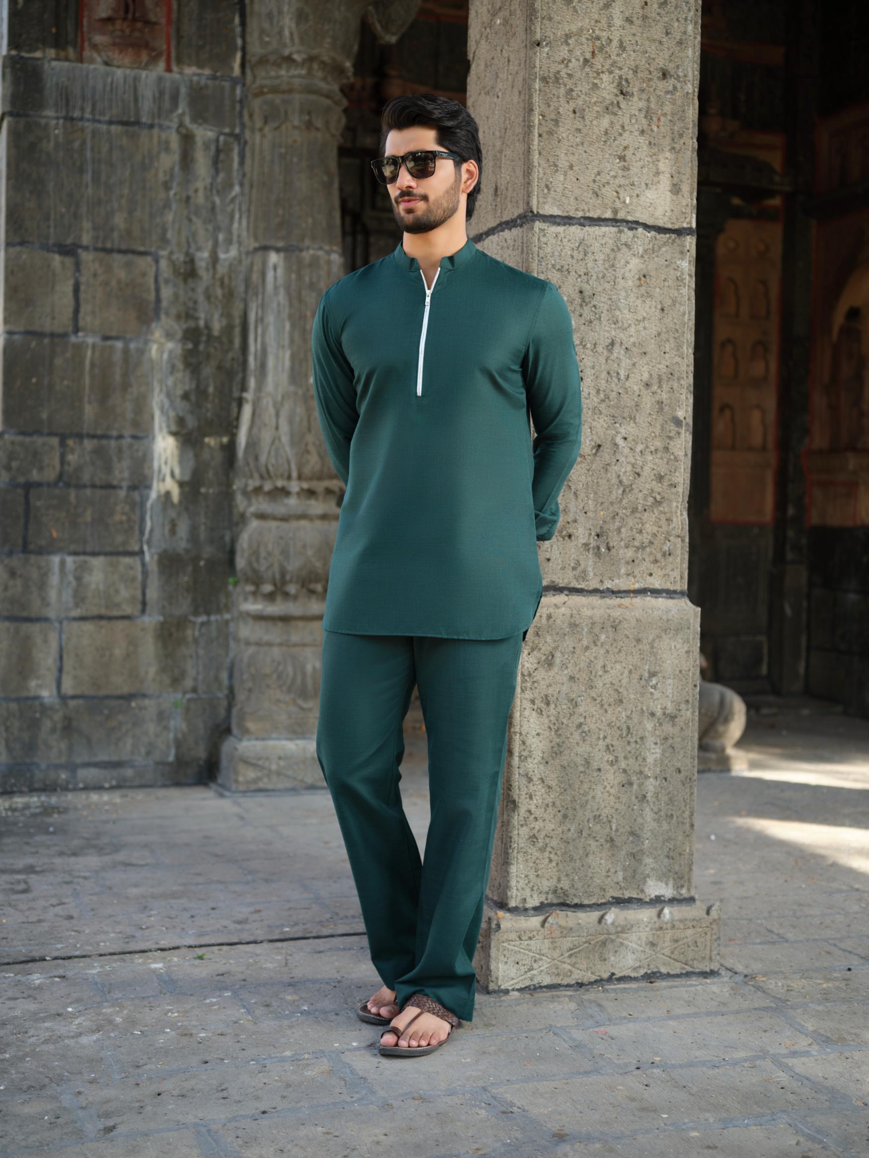 Men's Cotton-Linen Co-ord Set – Tattva Forest (Dark Green) | Kurtaloom