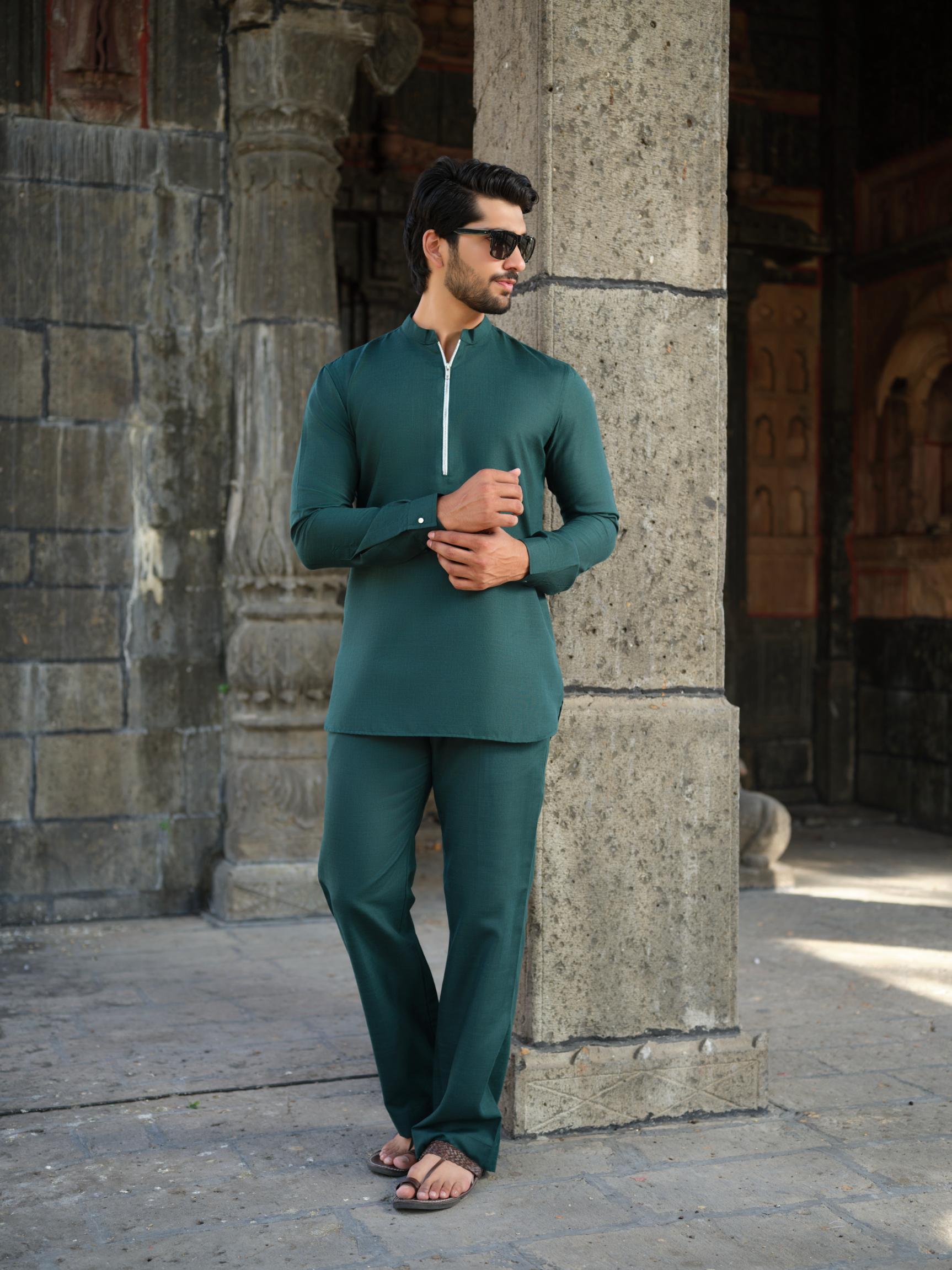 Men's Cotton-Linen Co-ord Set – Tattva Forest (Dark Green) | Kurtaloom