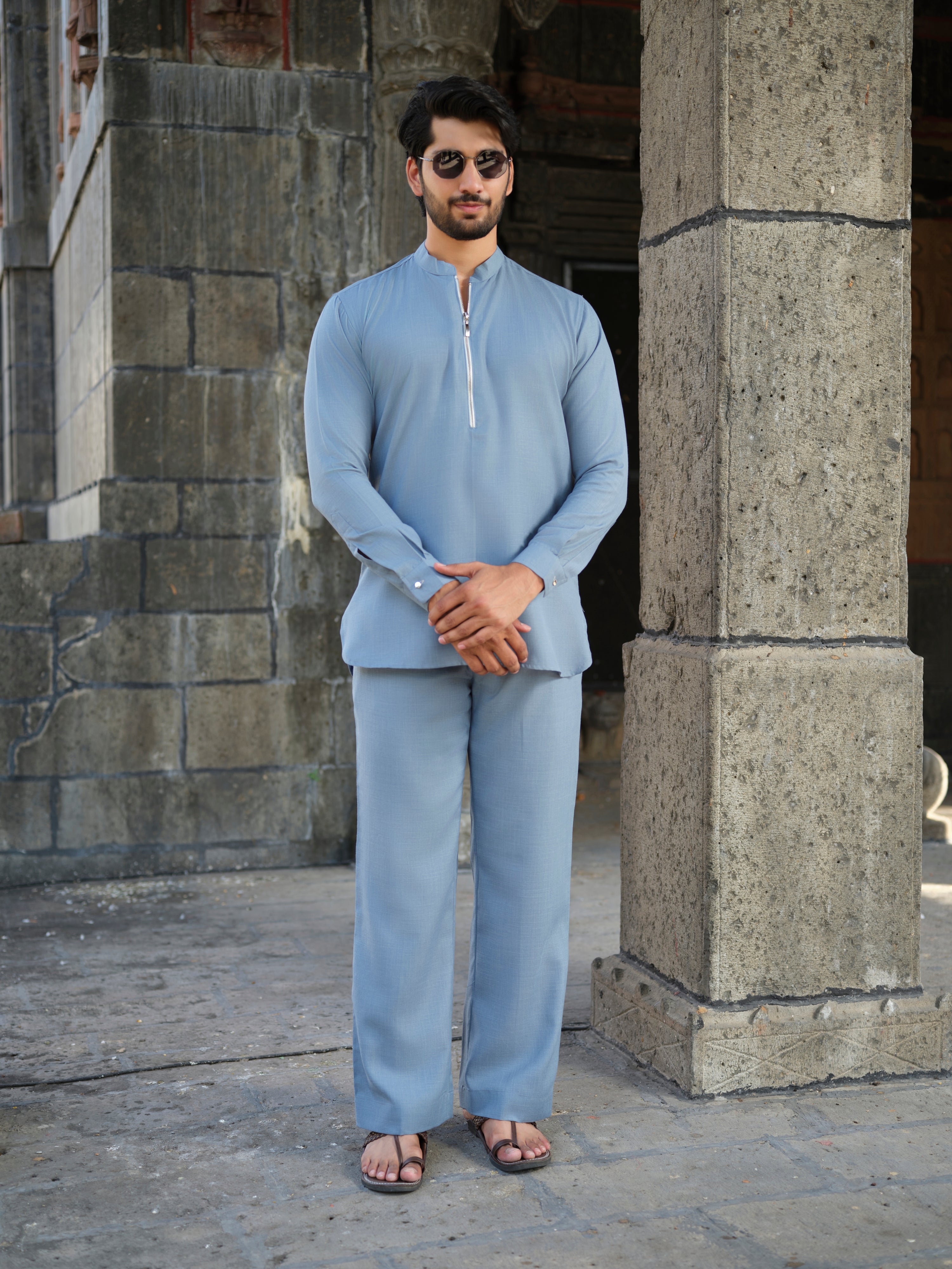Men's Cotton-Linen Co-ord Set – Tattva Sky (Mist Blue) | Kurtaloom