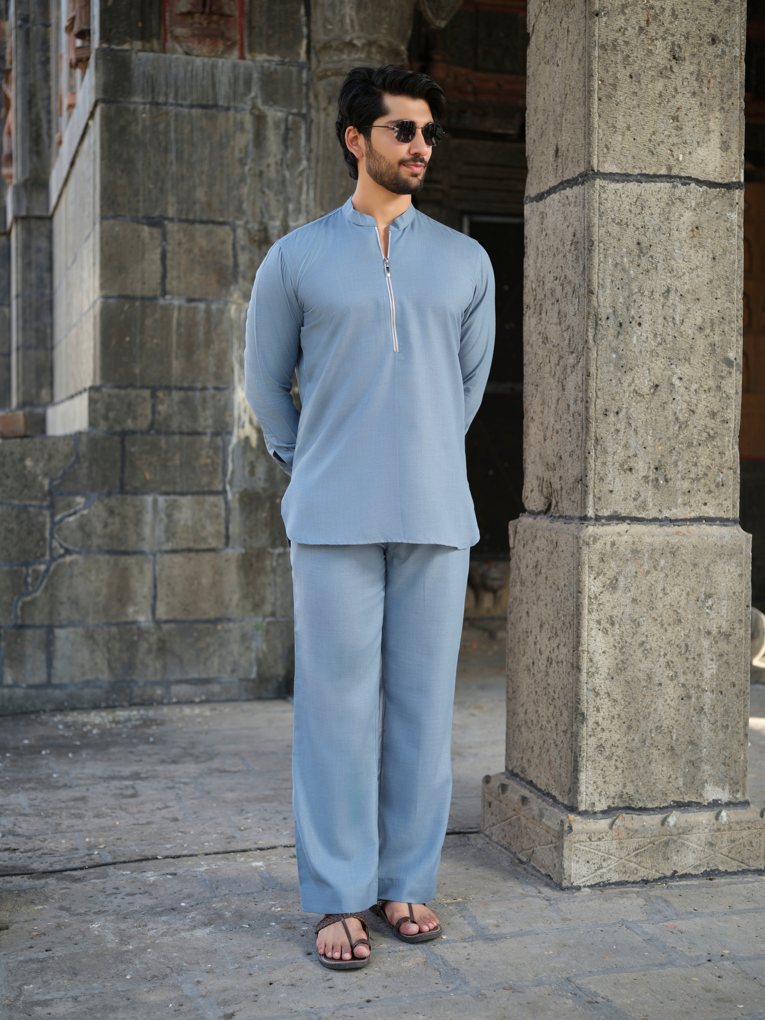 Men's Cotton-Linen Co-ord Set – Tattva Sky (Mist Blue) | Kurtaloom