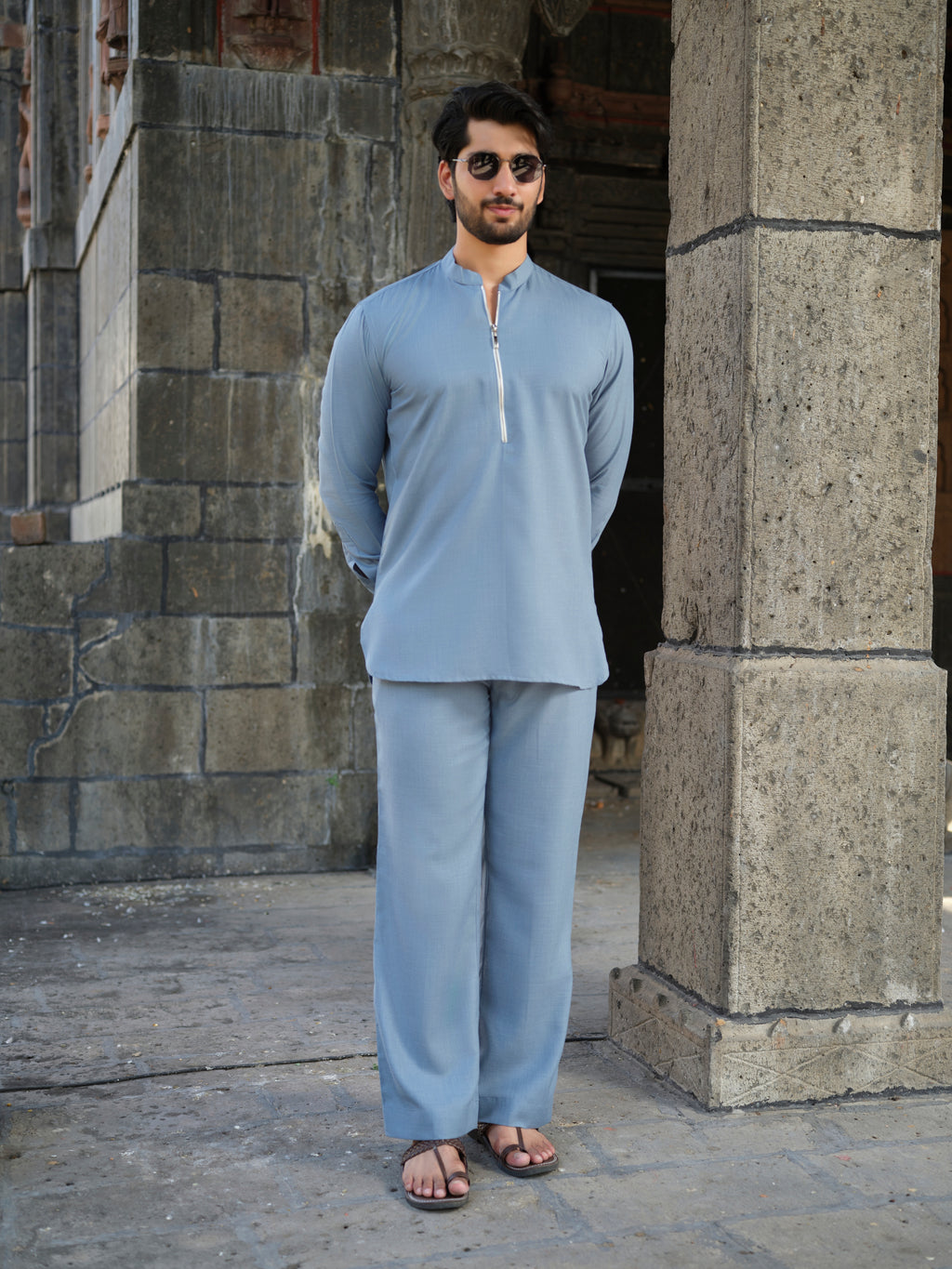 Men's Cotton-Linen Co-ord Set – Tattva Sky (Mist Blue) | Kurtaloom