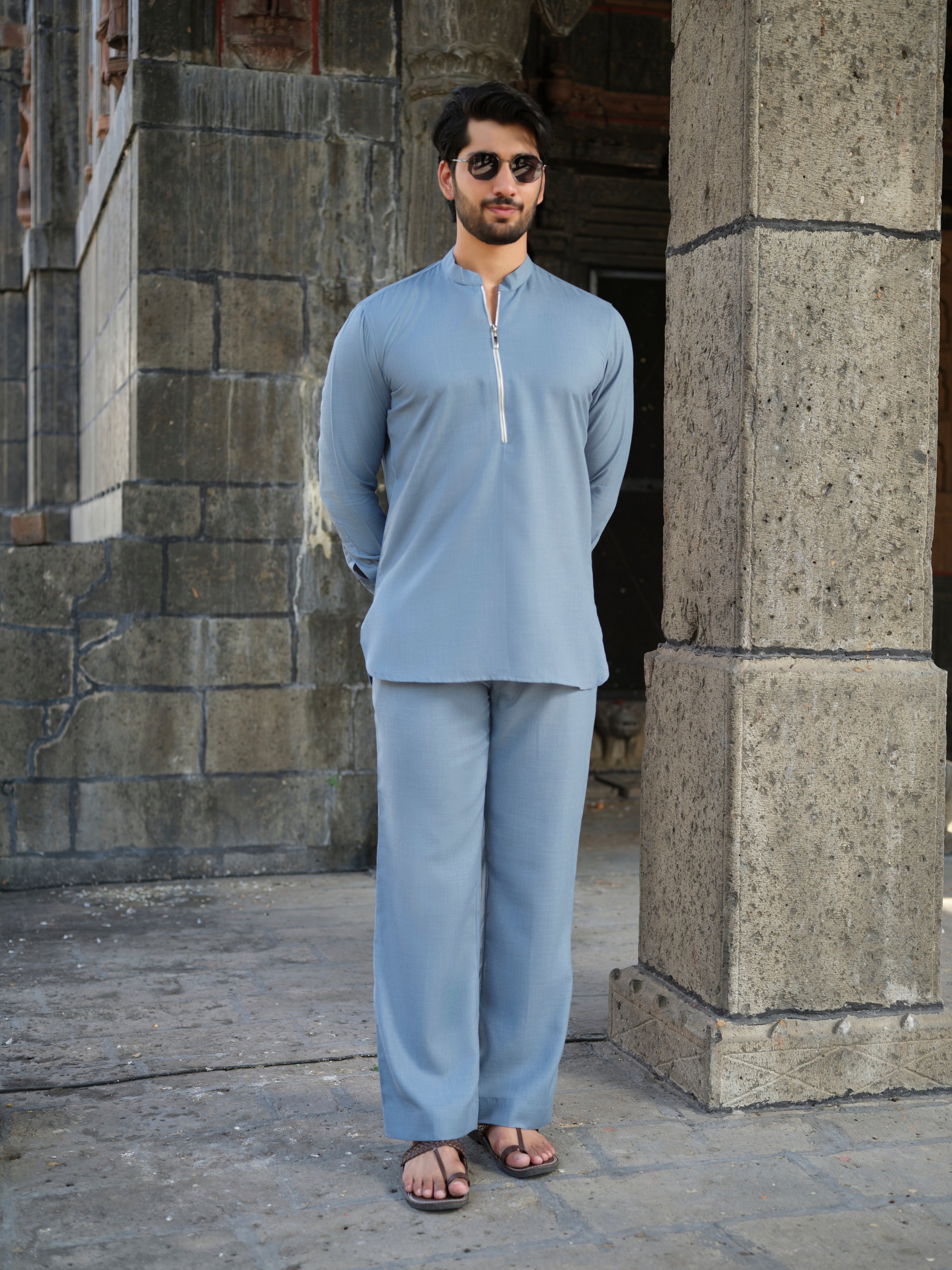 Men's Cotton-Linen Co-ord Set – Tattva Sky (Mist Blue) | Kurtaloom