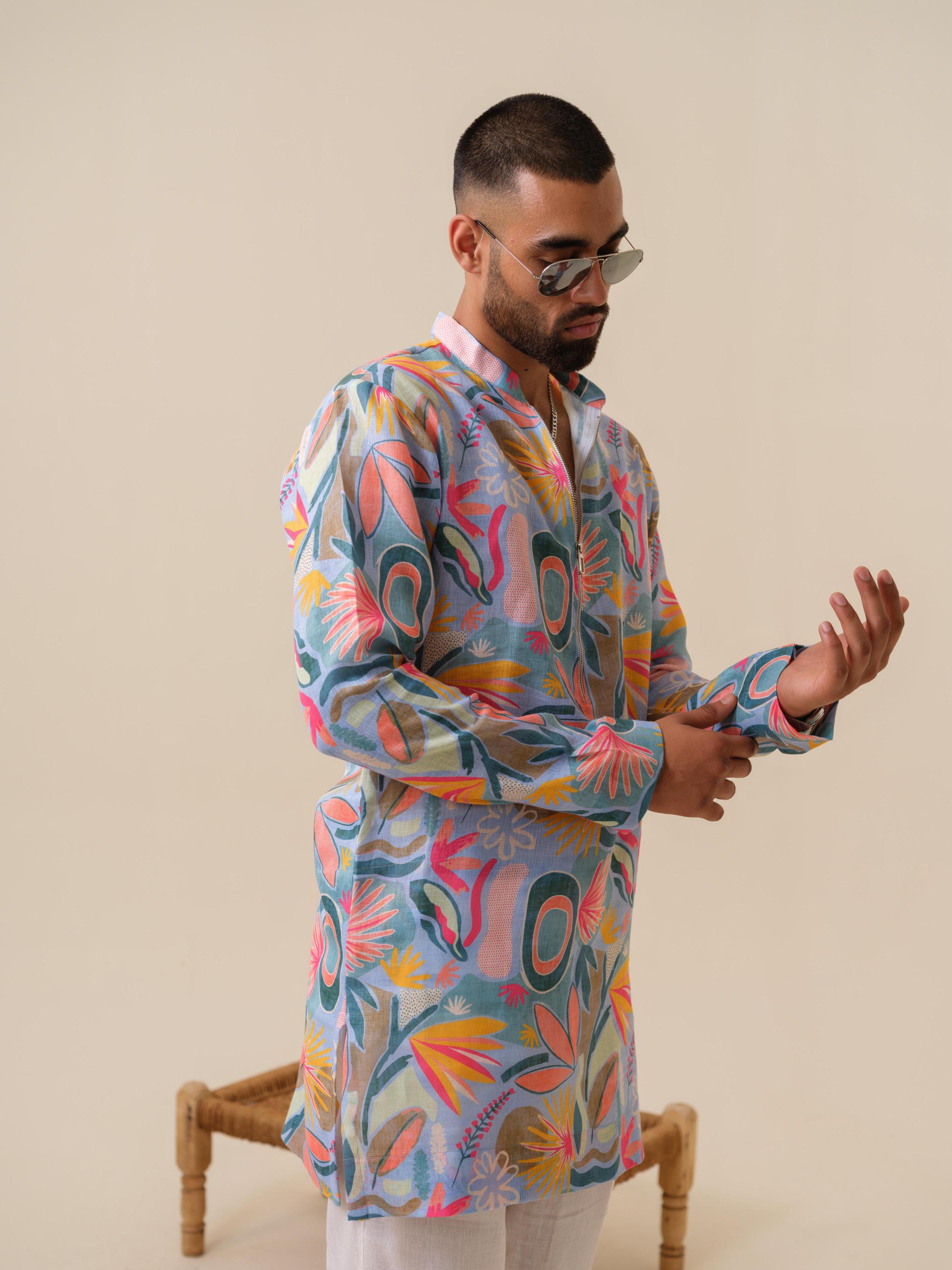 Printed Patiala Multicolored Kurta For Men | Kurtaloom